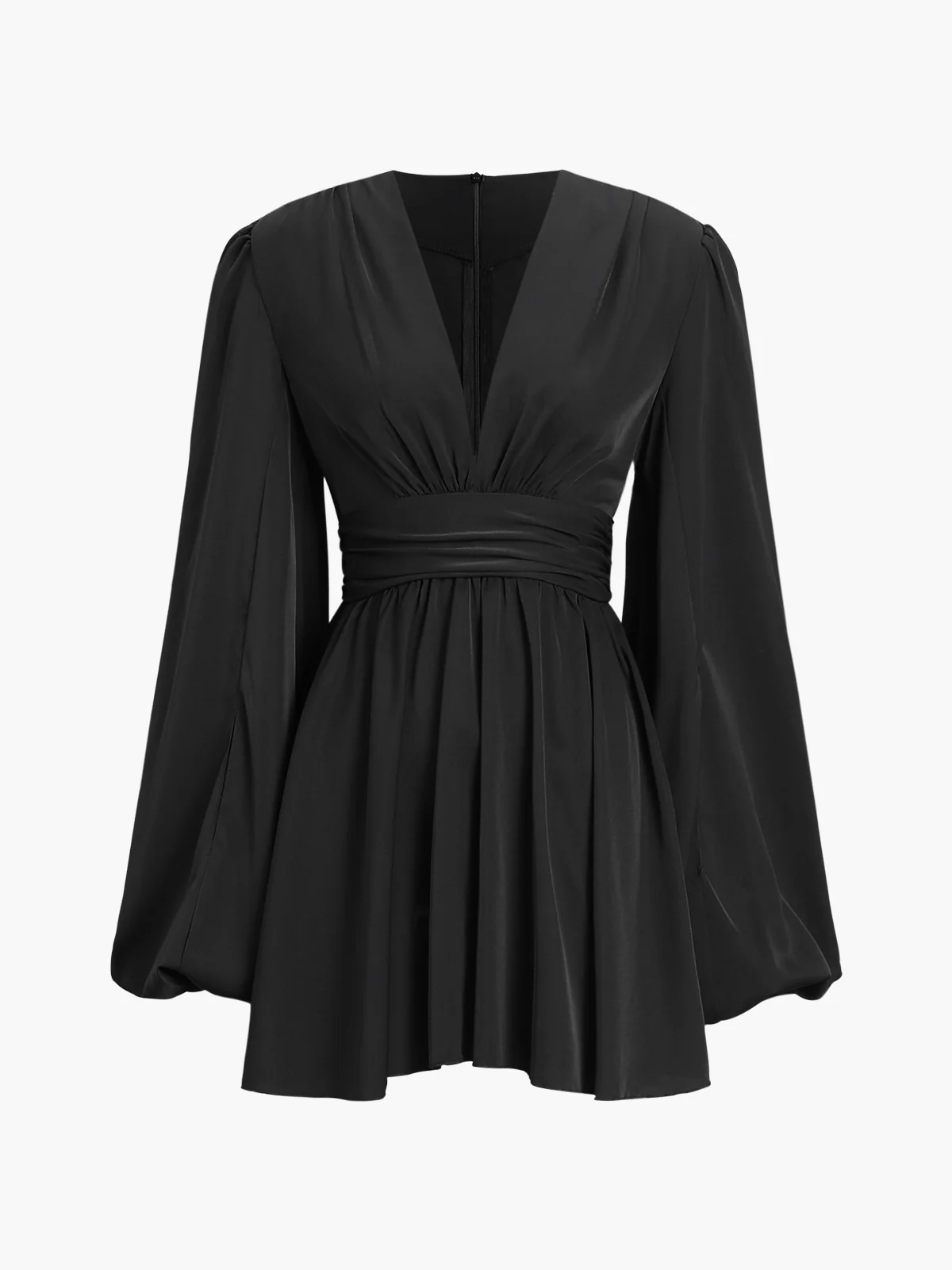Chiffon Low Cut V-neck Pleated Zip Mini Dress - Takermore
