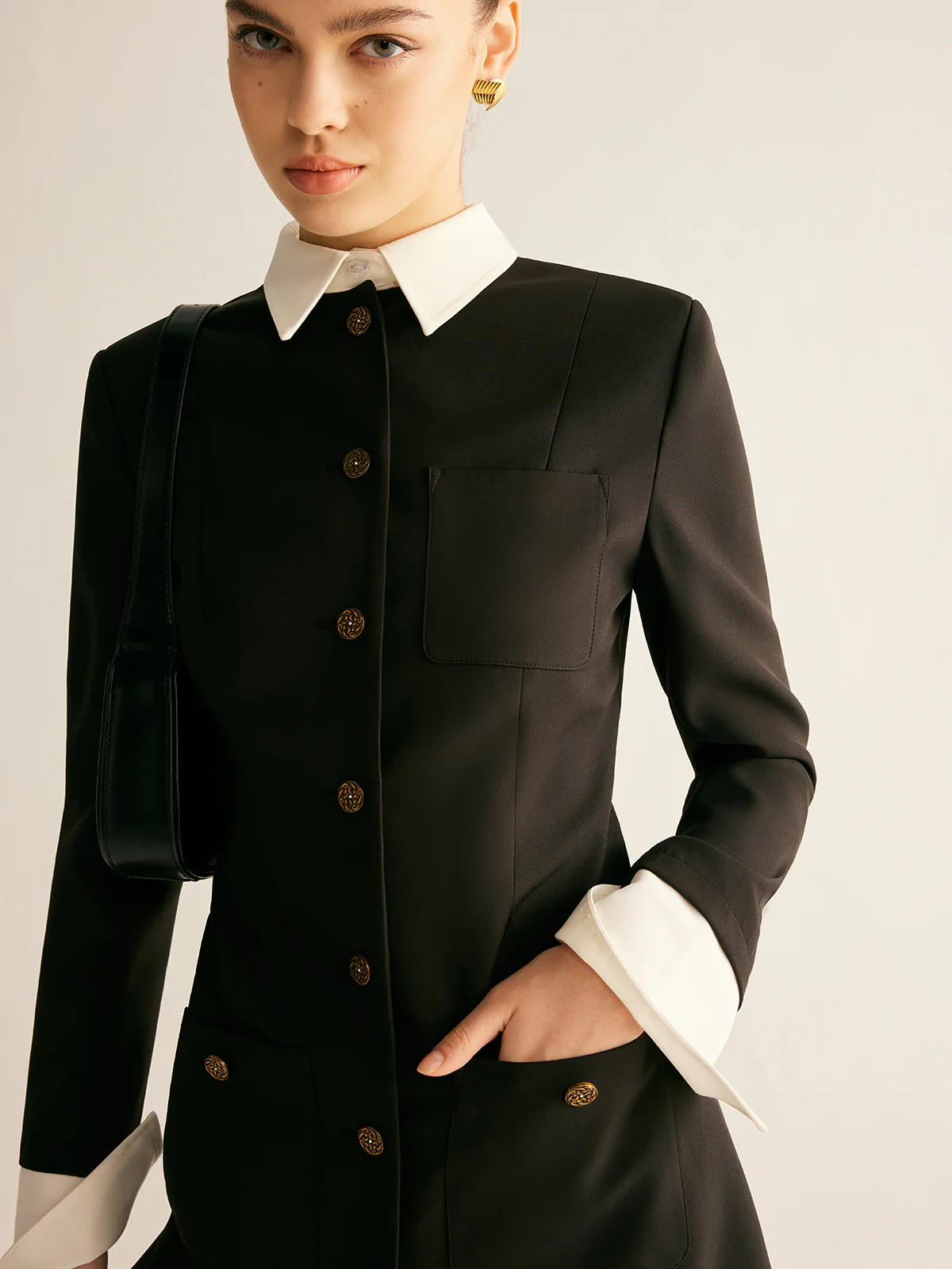 Adjustable-Collar Slim Blazer Dress - Takermore