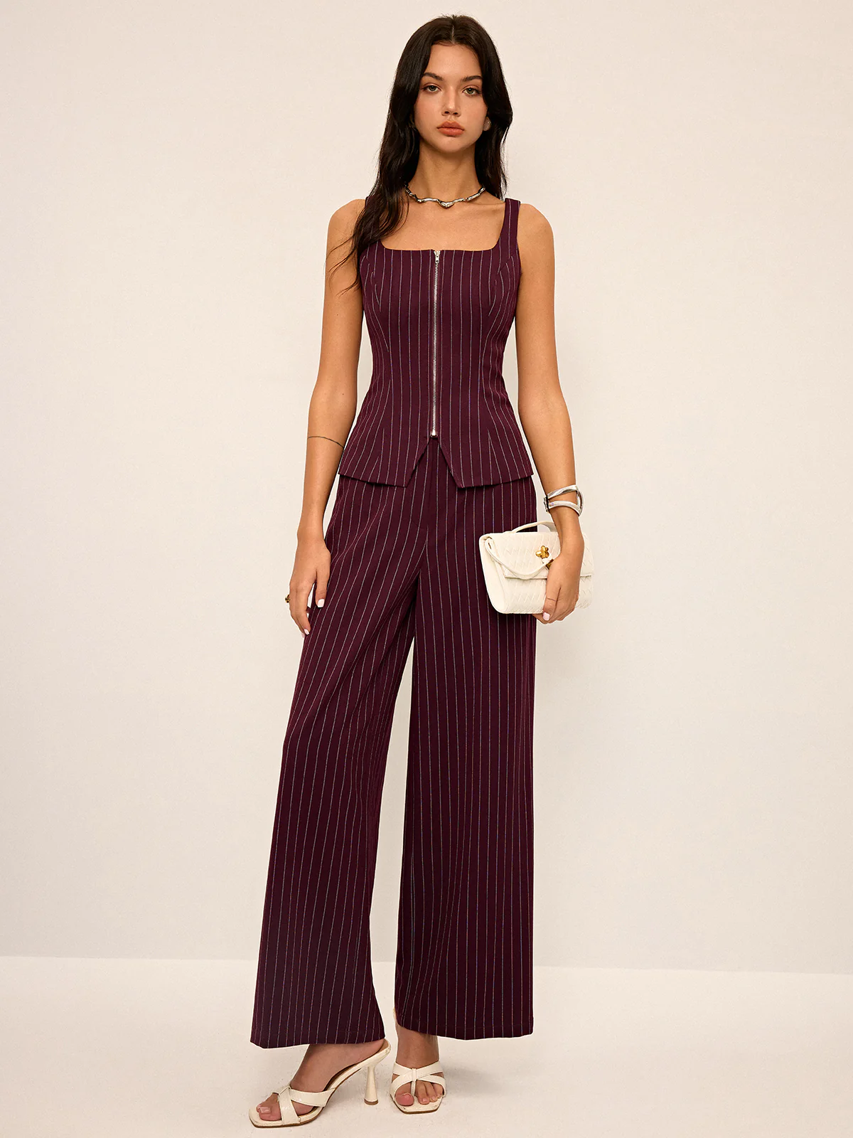 Pinstripe Zipper Vest with Slit - Takermore