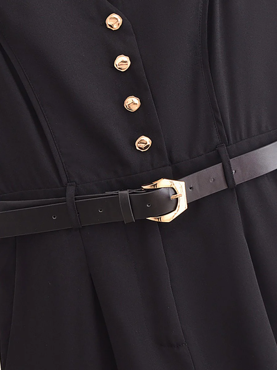 Gold Button Detail Belted Jumpsuit - Takermore