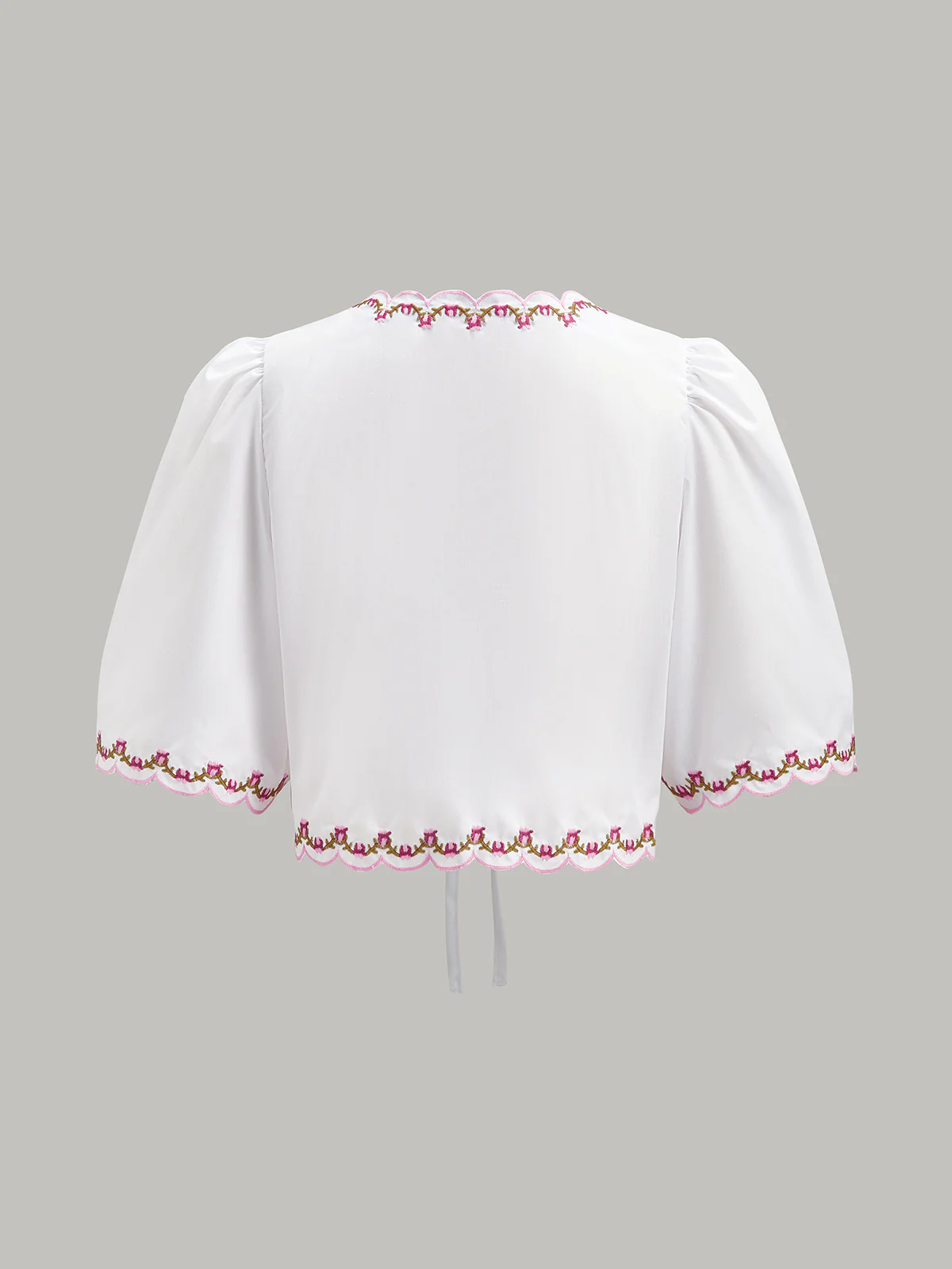 Embroidered Scallop Trim Puff Sleeve Bow Blouse - Takermore