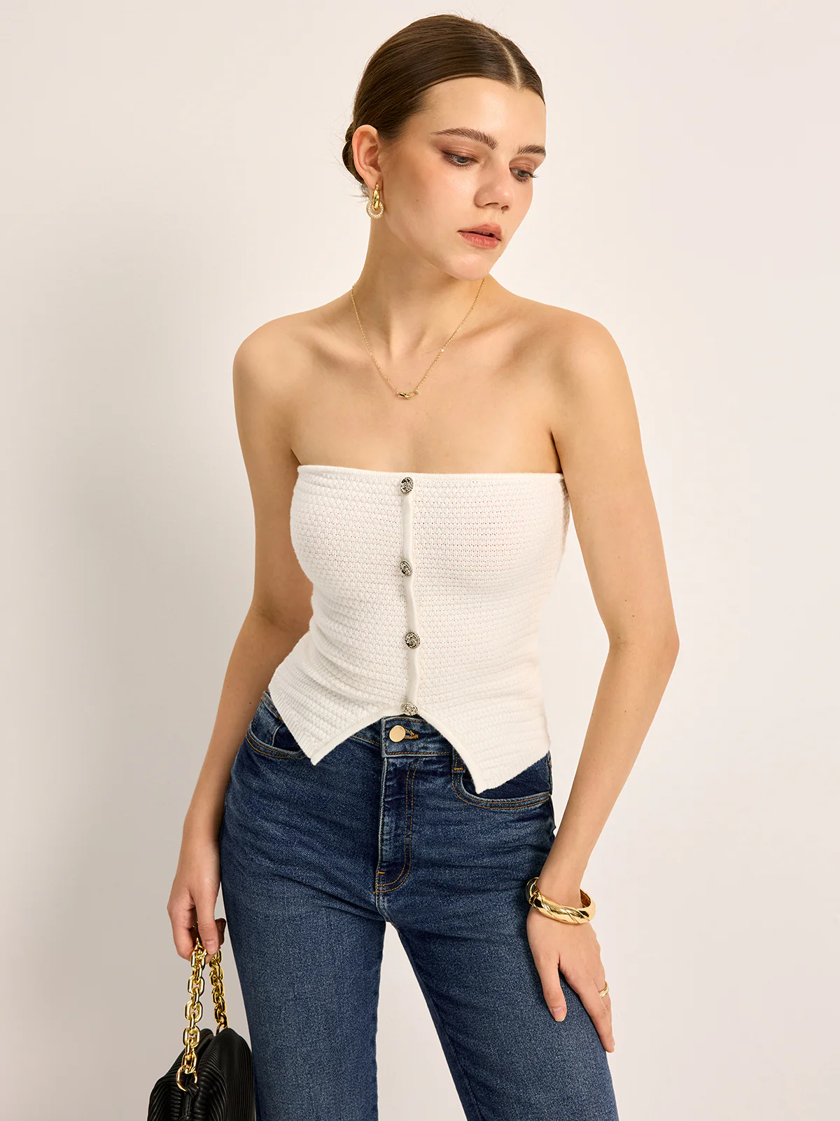Button-Front Knit Strapless Top - Takermore
