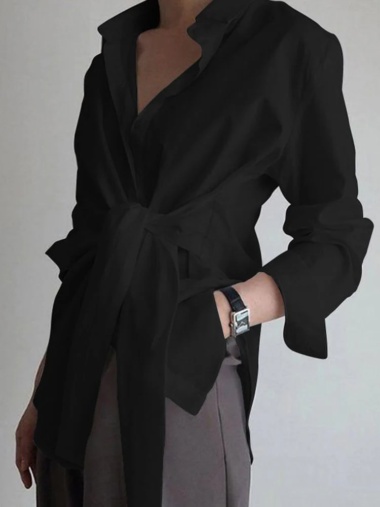 Semi-Sheer Button Down Tied Long Shirt - Takermore