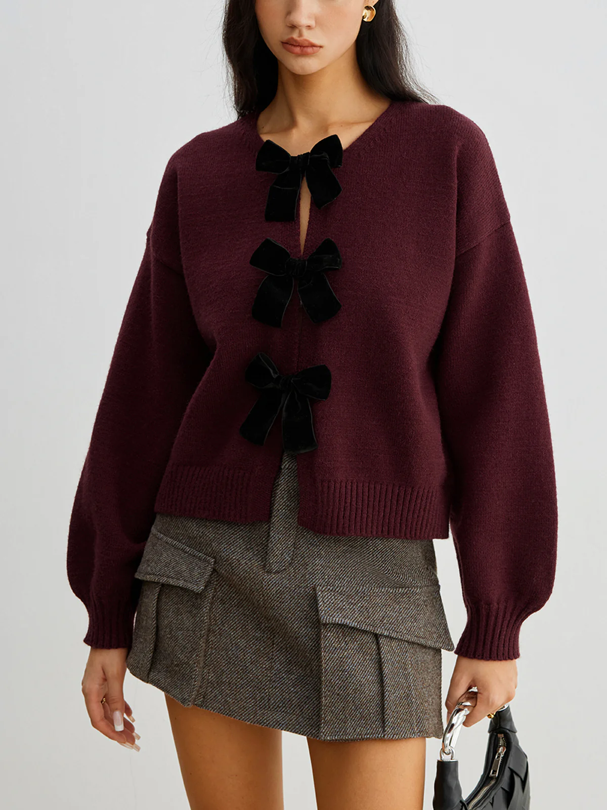 Velvet-Bow Lantern Sleeve Sweater - Takermore