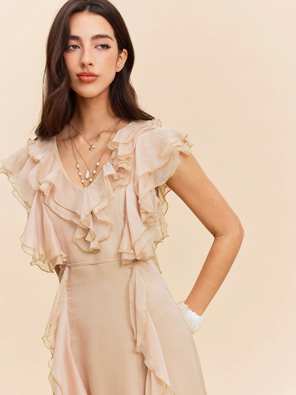 Semi-Sheer Ruffle Detail Dress - Takermore