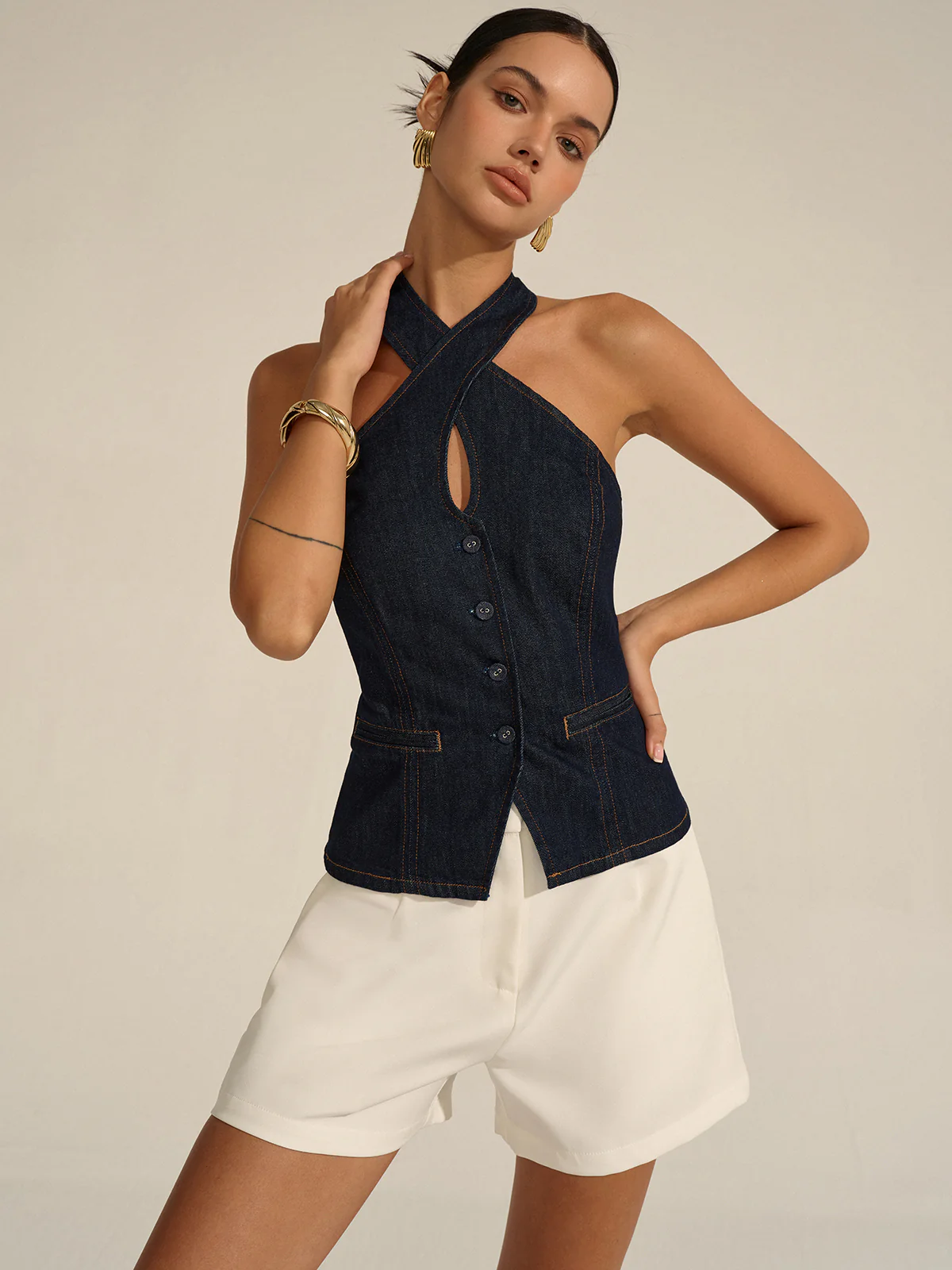 Denim Halter Crisscross-Strap Backless Top - Takermore