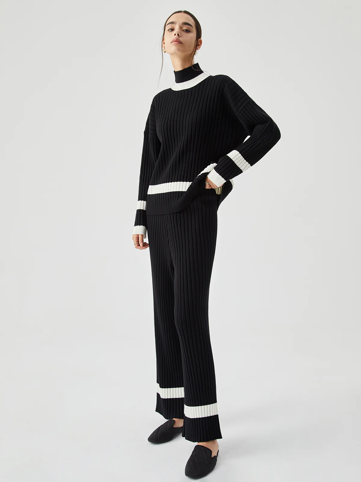 Ribbed Knit Contrast Trim Sweater Pants - Takermore