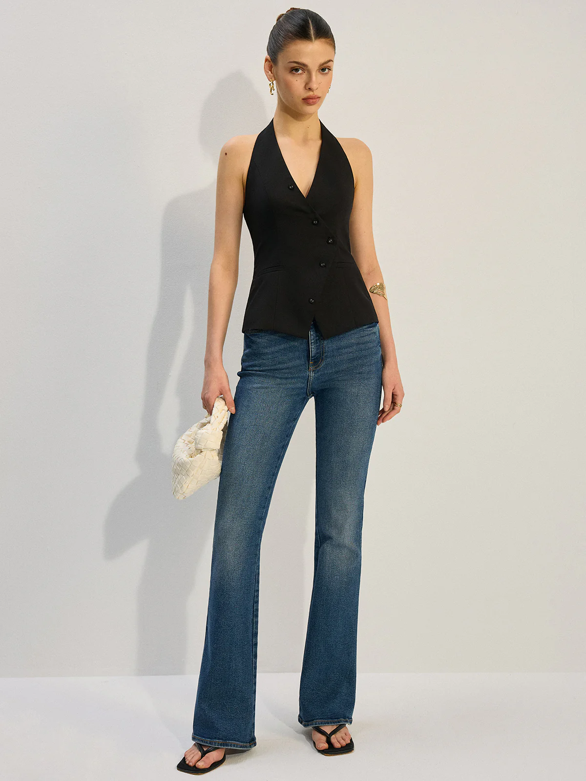 Halter Neck Asymmetric Buttoned Vest - Takermore