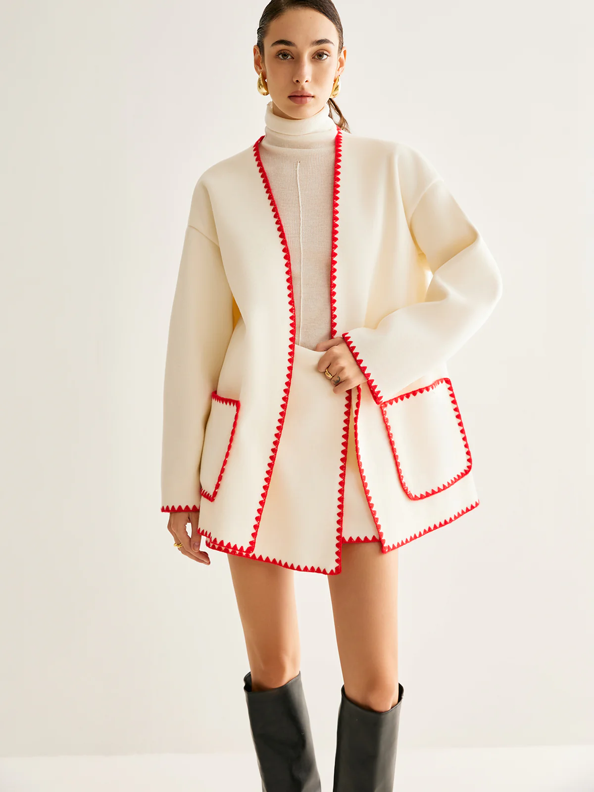 Embroidered Trim Tweed Coat With Matching Scarf - Takermore