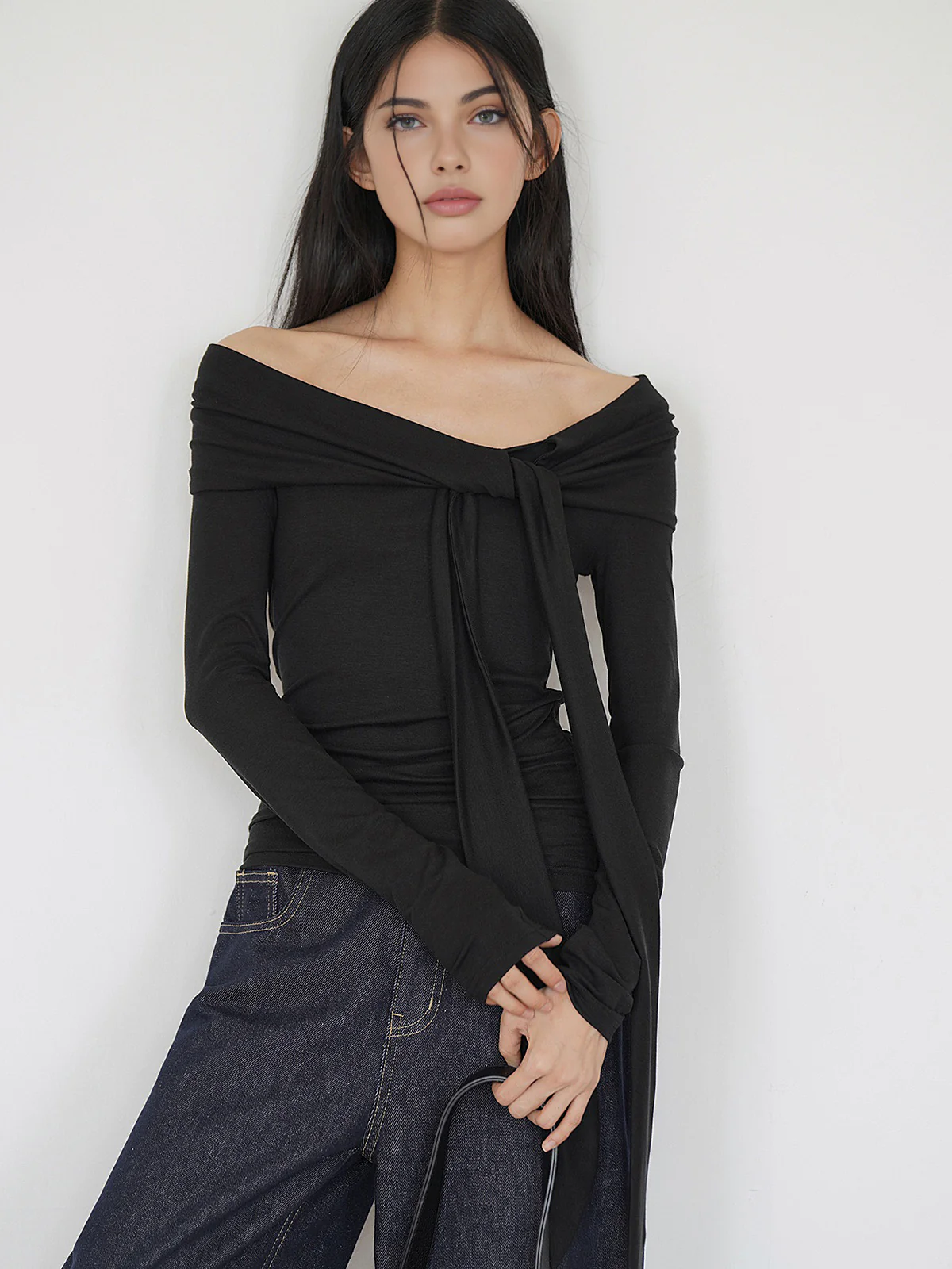 Cold-Shoulder Tie Neck Jersey Top - Takermore