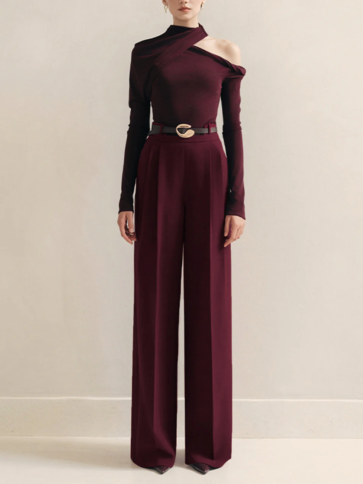 Metal-Belt Pleated High-Waist Pants - Takermore