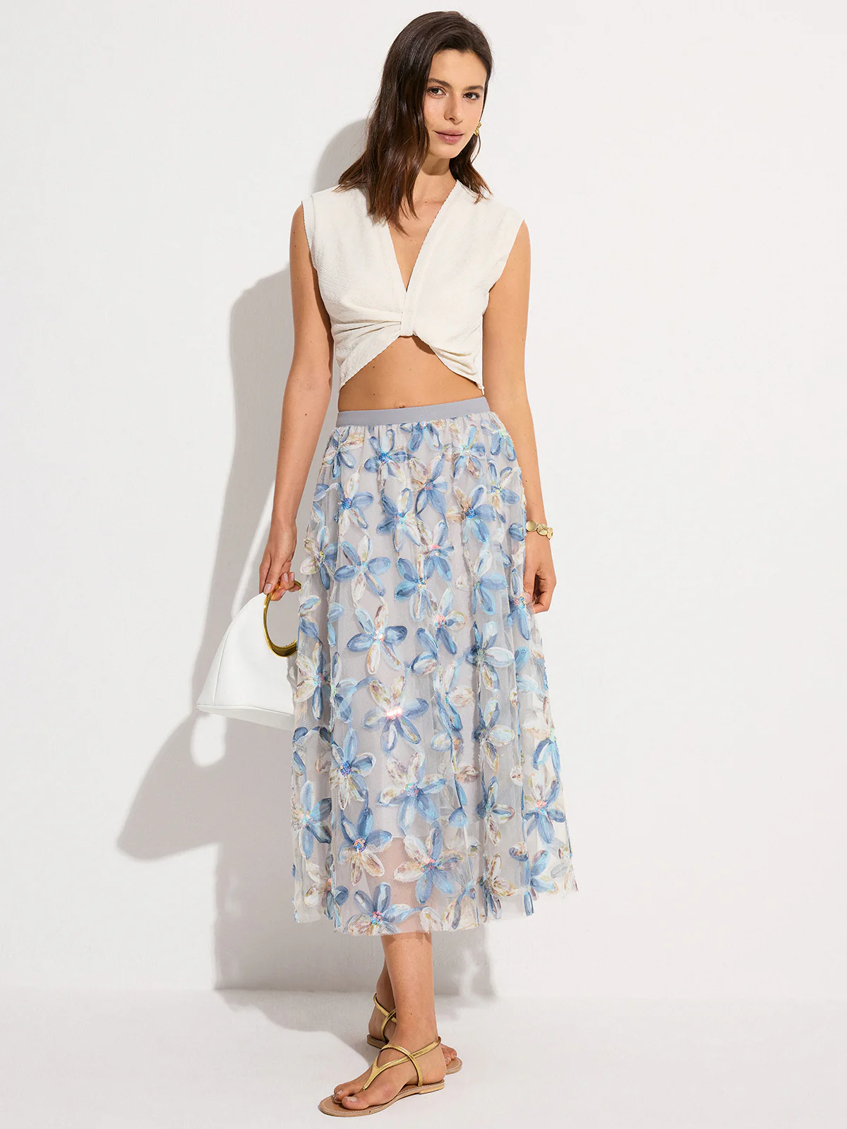 Floral Embroidered Mesh Midi Skirt - Takermore