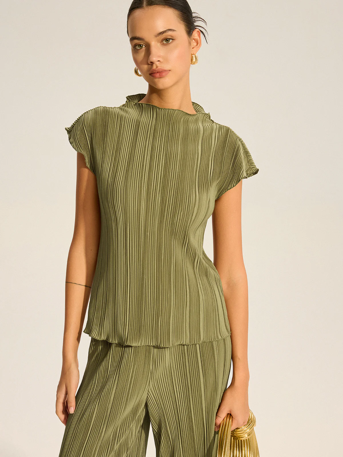 Pleated Top and Wide-Leg Pants Set - Takermore