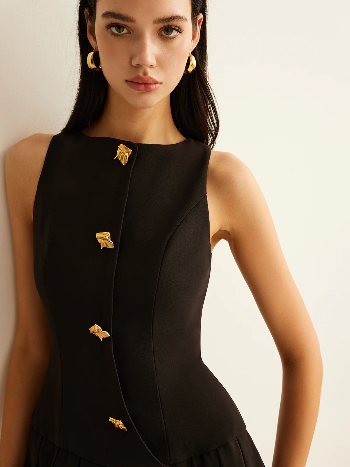 Metal-Button Pleated Tank Dress - Takermore