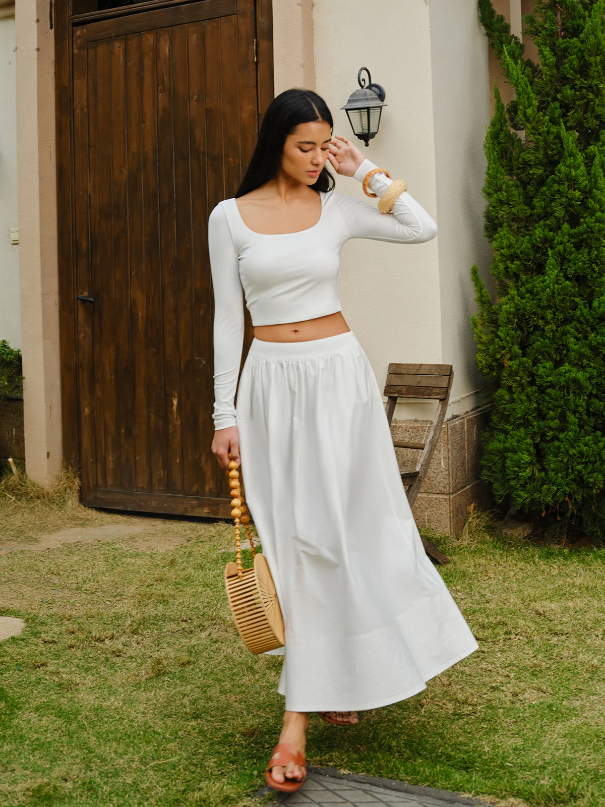 Scoop Neck Long Sleeve Crop Top - Takermore