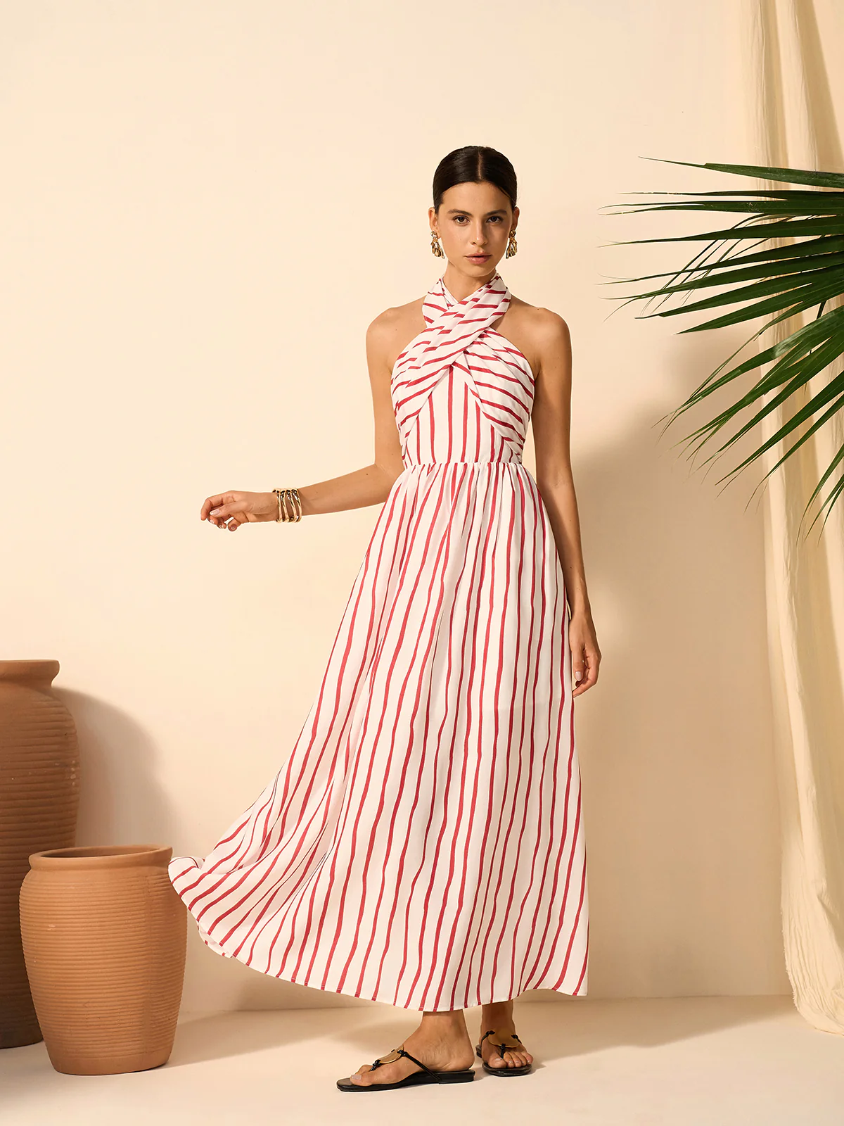 Striped Twist Halter Dress - Takermore