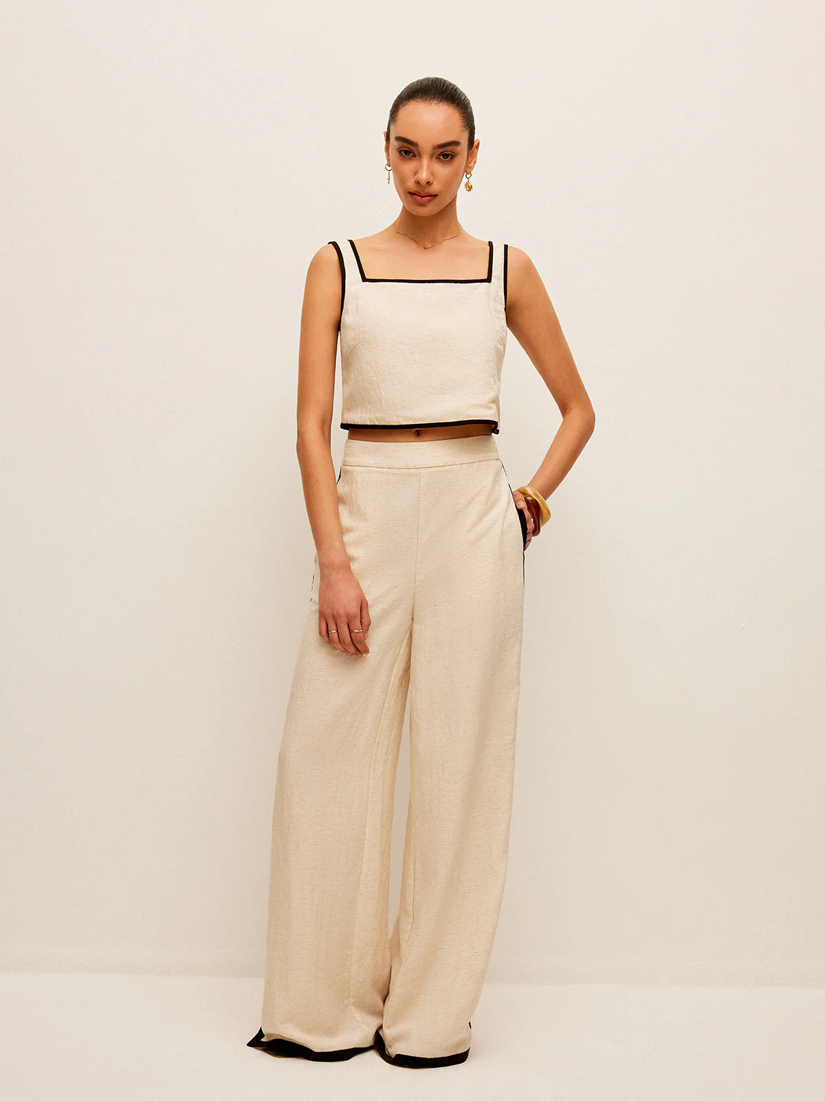 Cotton & Linen Contrast Trim Square-Neck Tank Top - Takermore