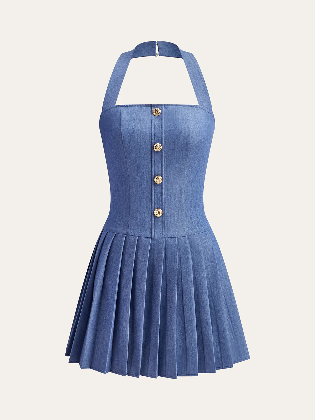Metal Button Halter Neck Pleated Dress - Takermore