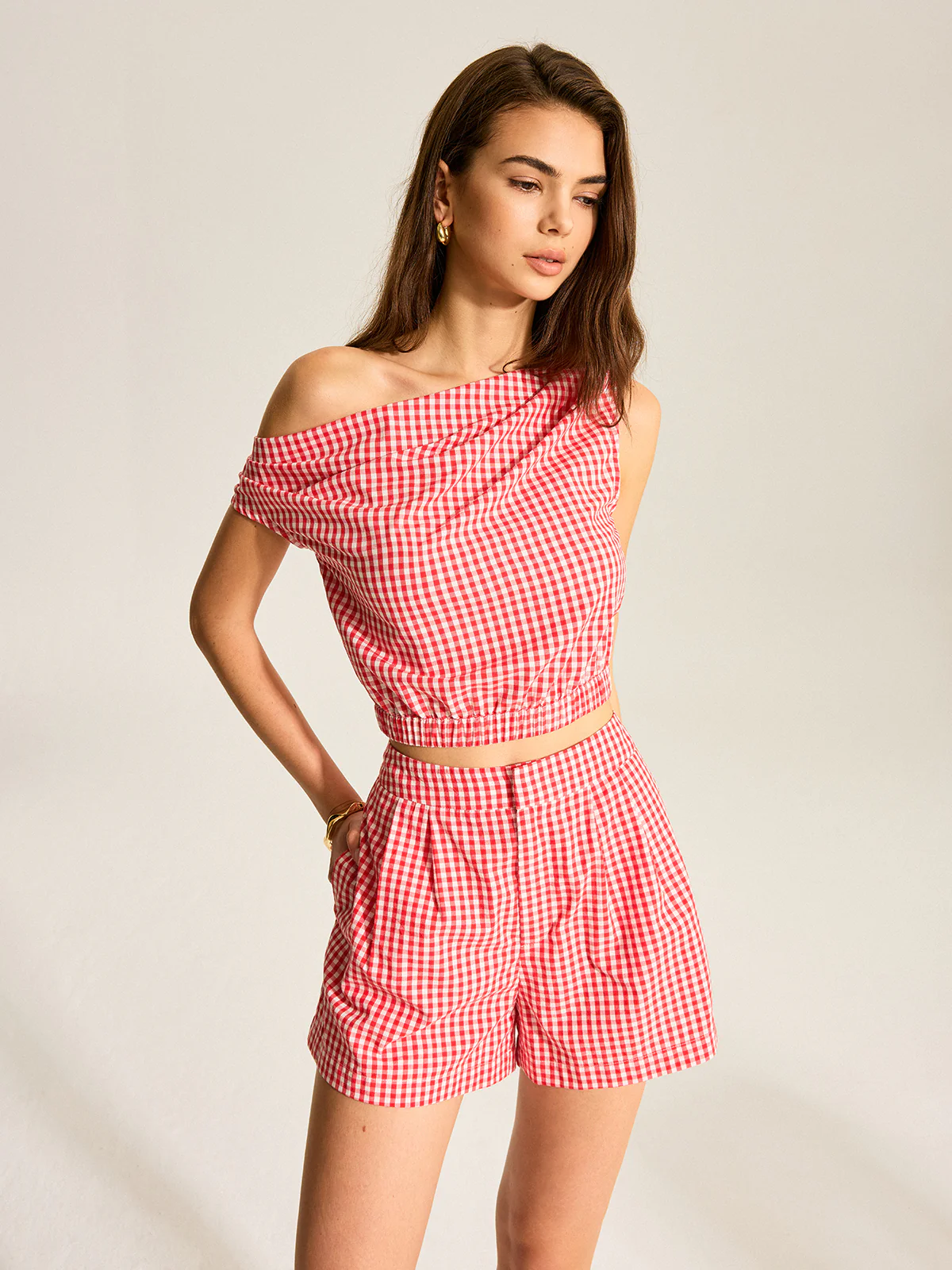 One-Shoulder Top And Striped Shorts Shorts set - Takermore