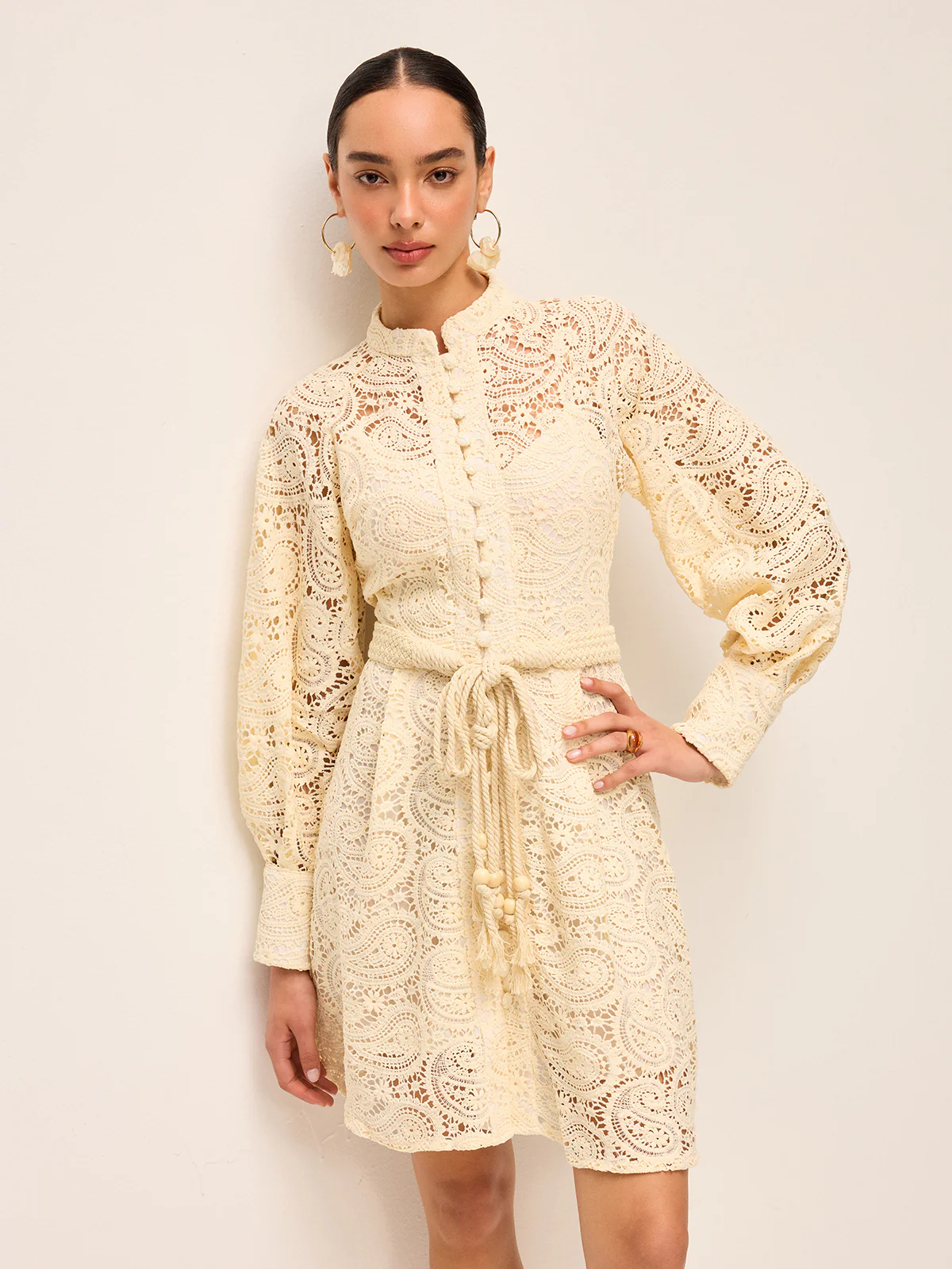 Semi-Sheer Lace Belted Dress - Takermore