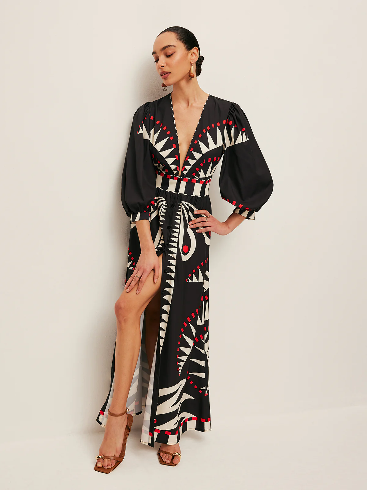 Boho Print V-Neck Split Dress - Takermore