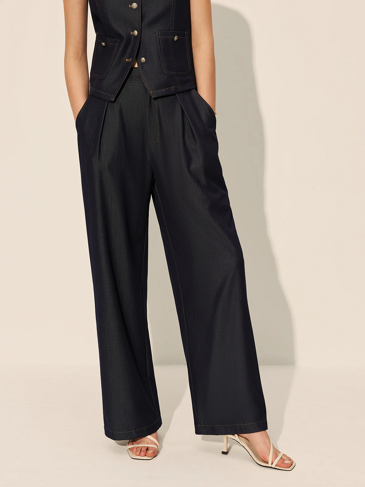 Mid-Waist Pockets Wide-Leg Denim Pants - Takermore