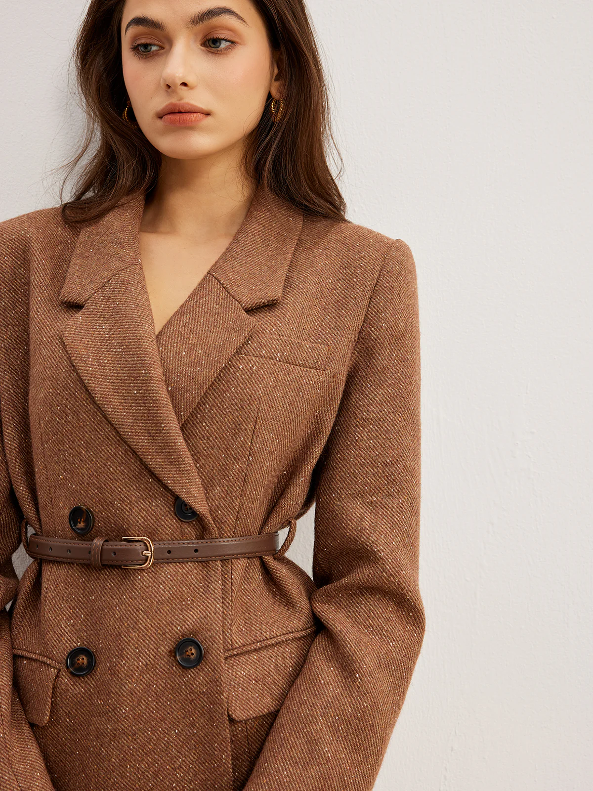 Wool-Blend Textured Belted Blazer - Takermore