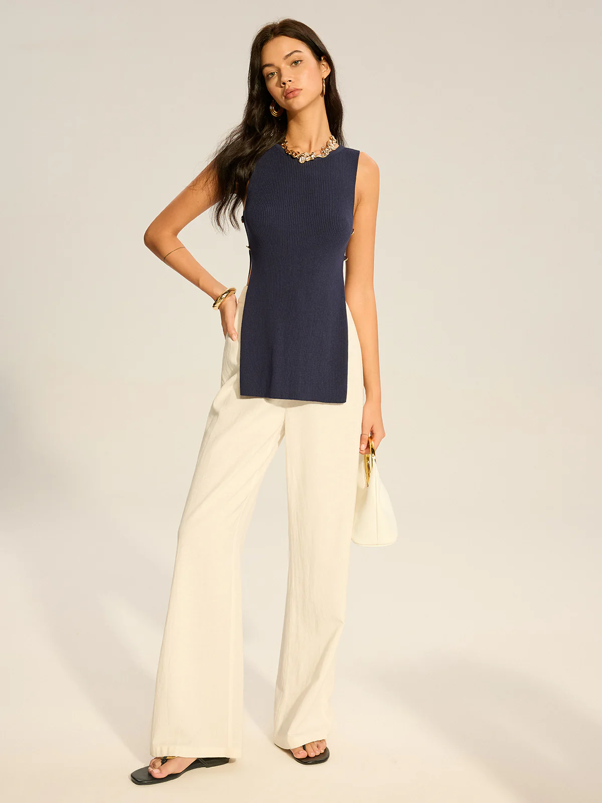 Ribbed Sleeveless Top with Side Slit - Takermore