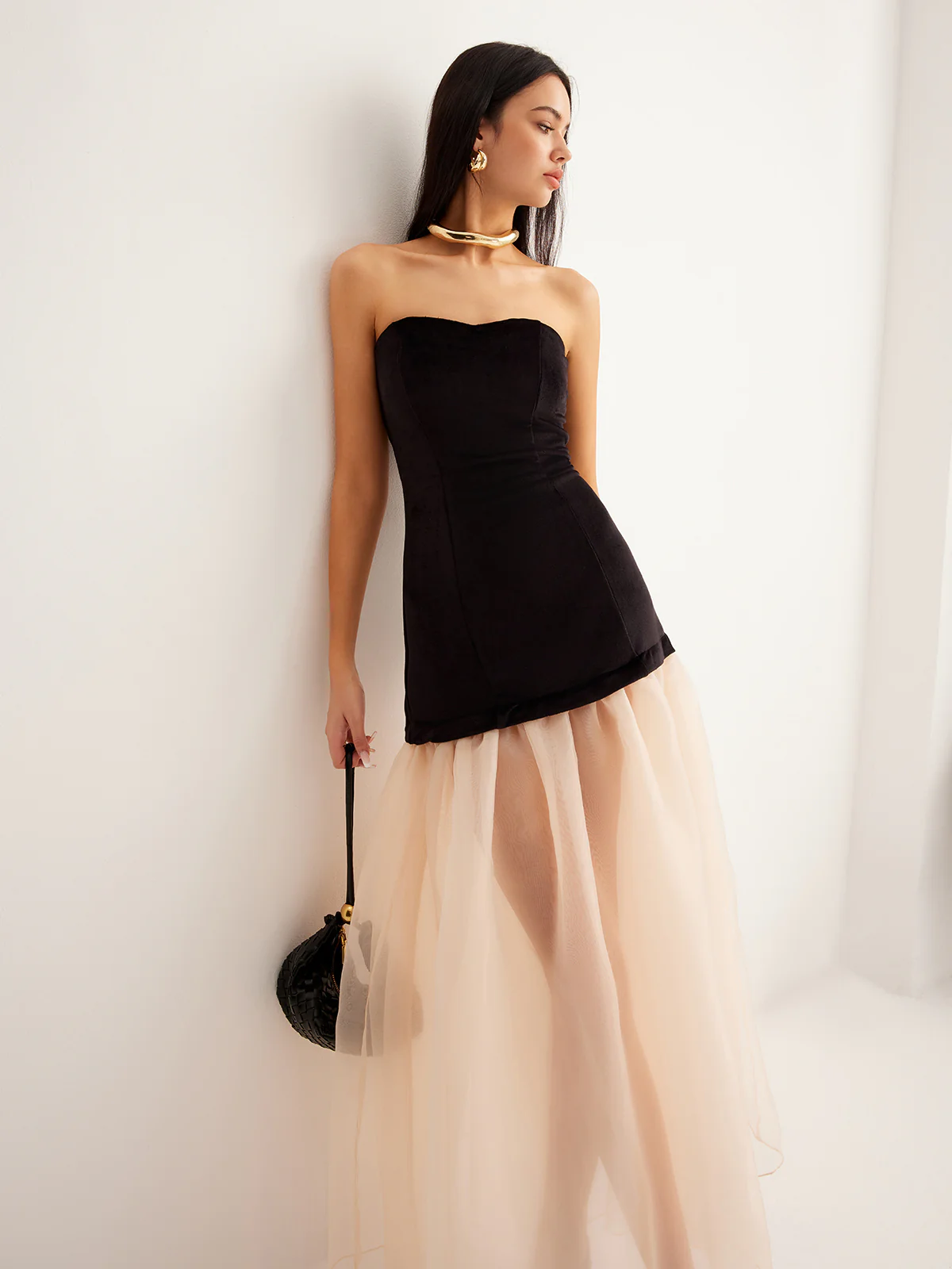 Velvet Panel Mesh Tube Dress - Takermore