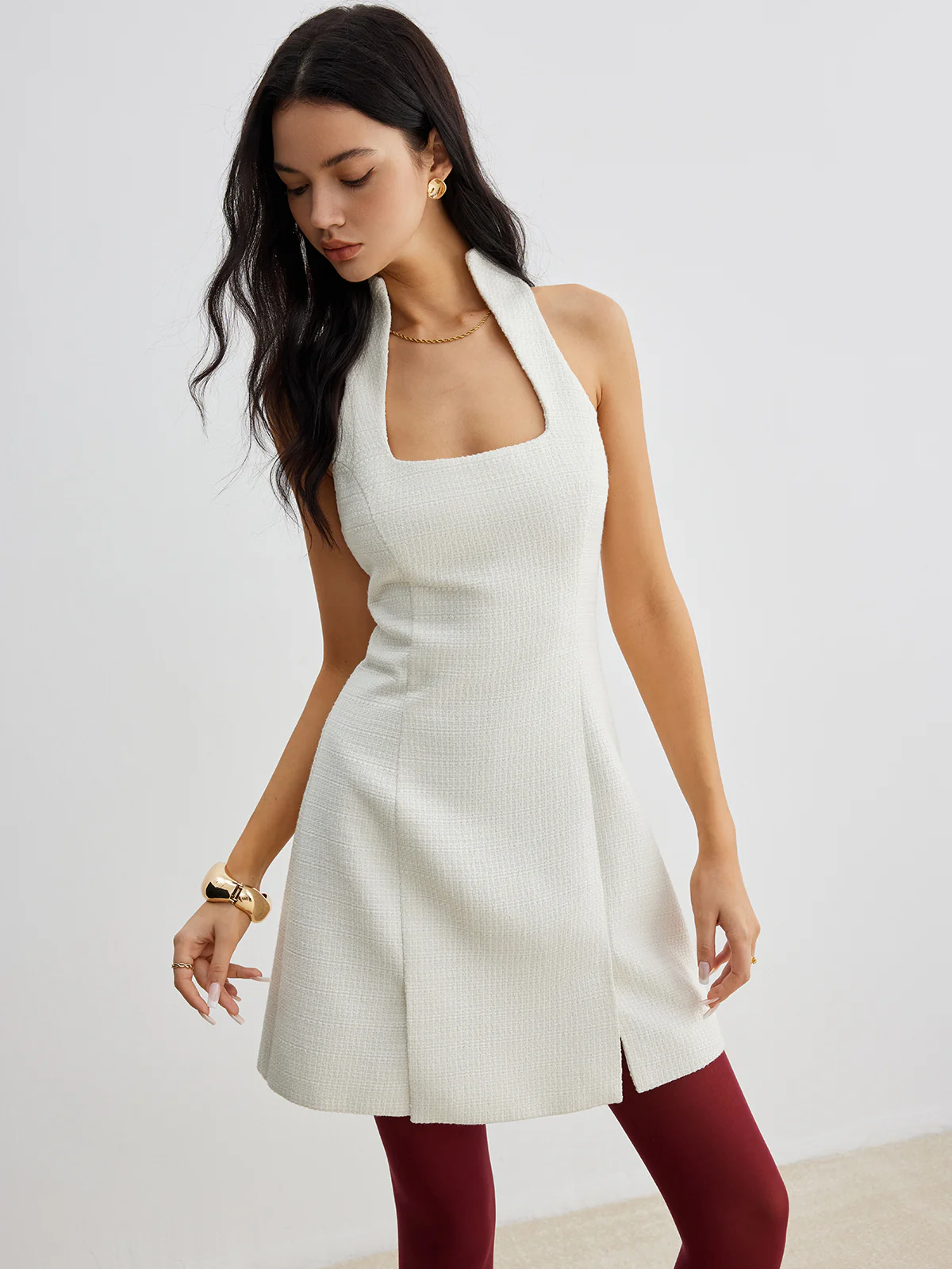 Square Neck Tweed Zipper Dress - Takermore