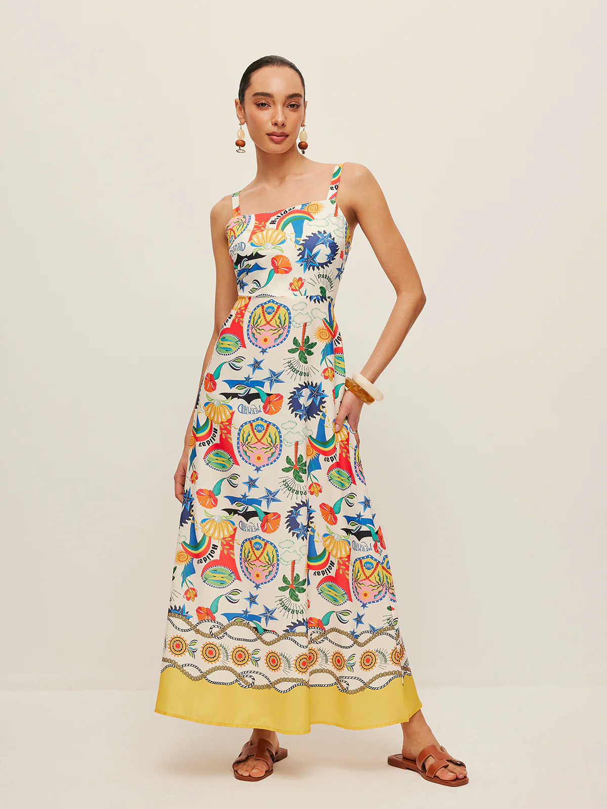 Colorful Print Strappy Dress - Takermore