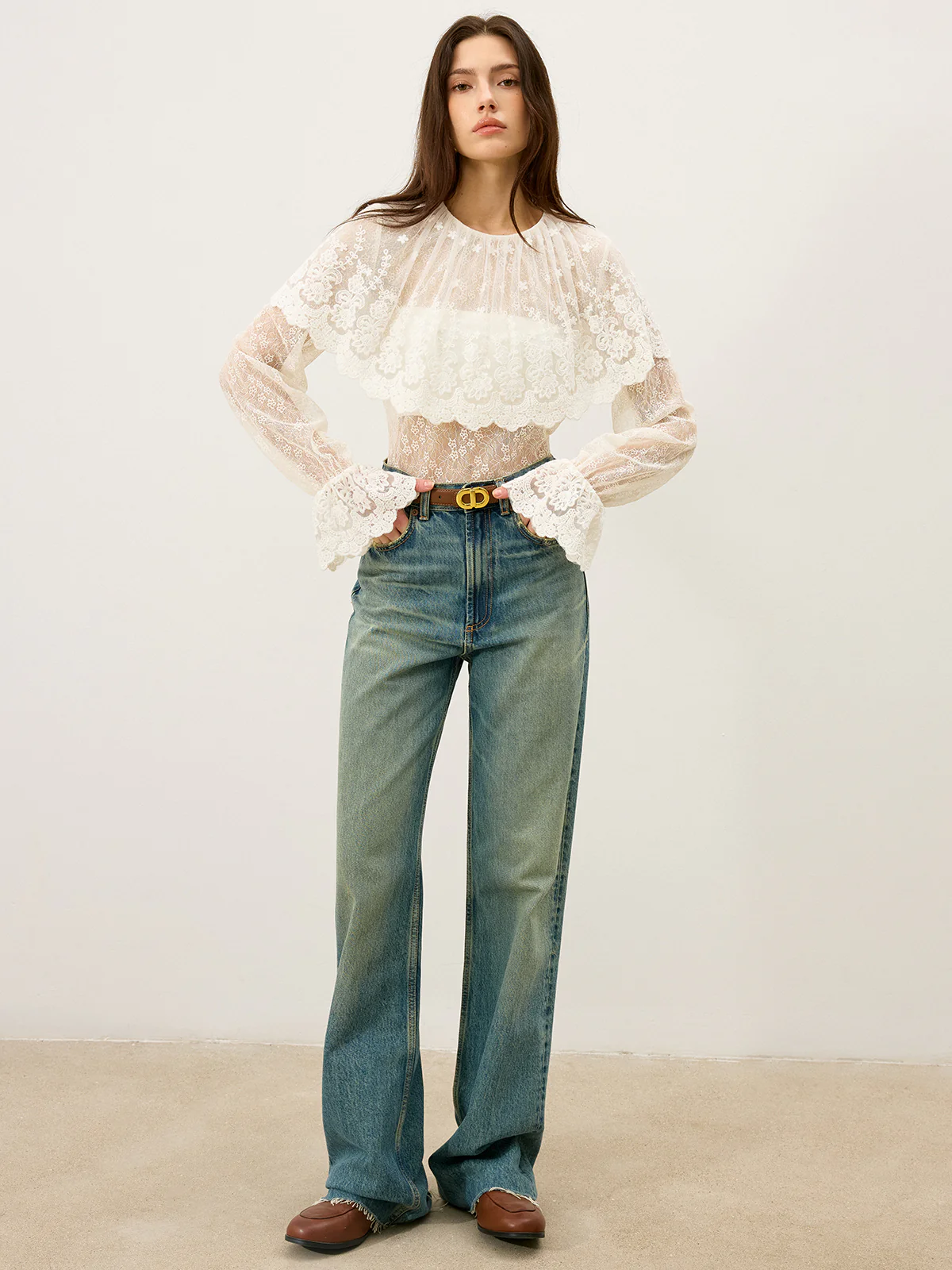 Semi-Sheer Ruffle-Trimmed Lace Flared-Sleeve Blouse - Takermore