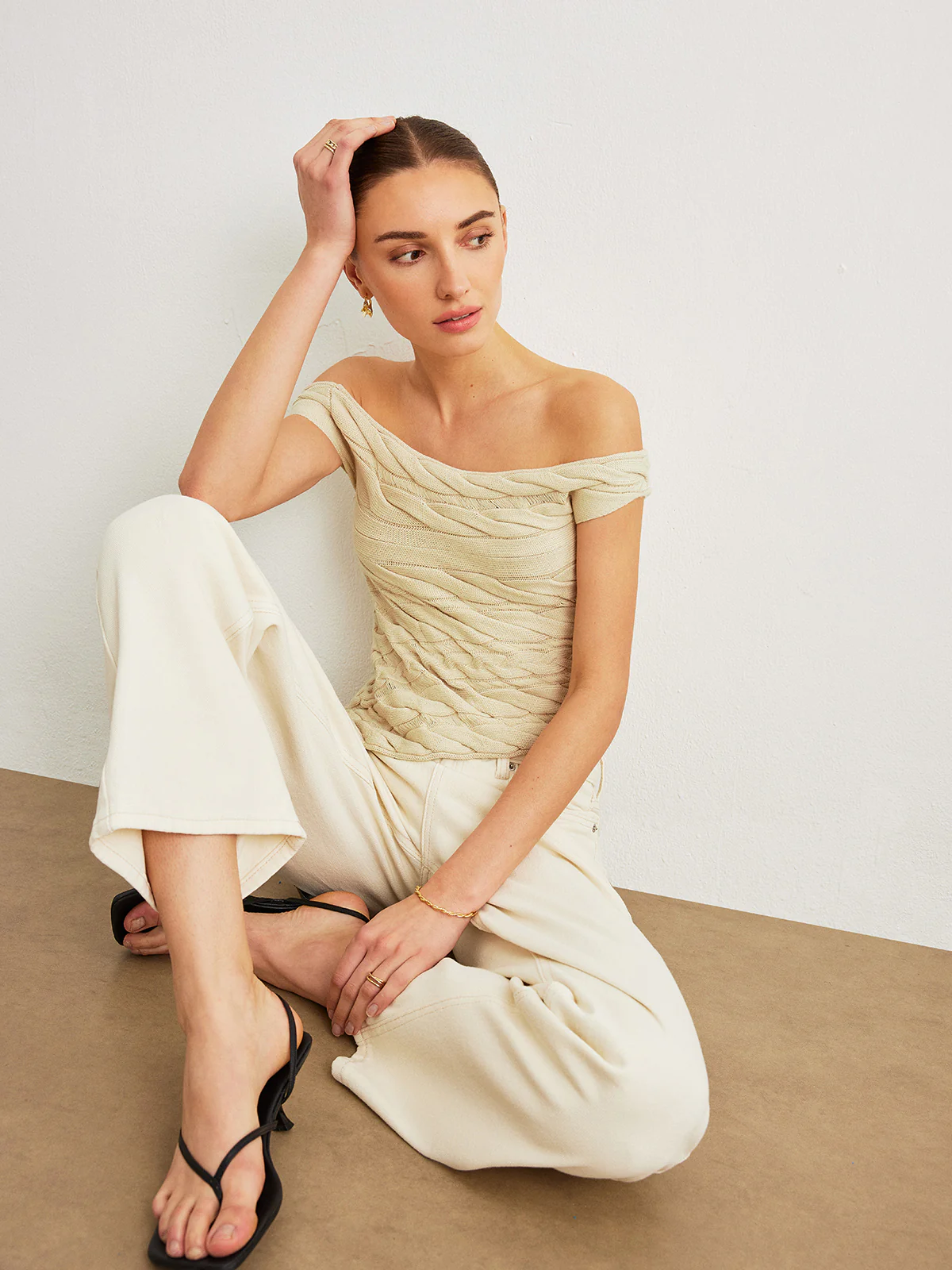 Off-Shoulder Cable Knit Top - Takermore