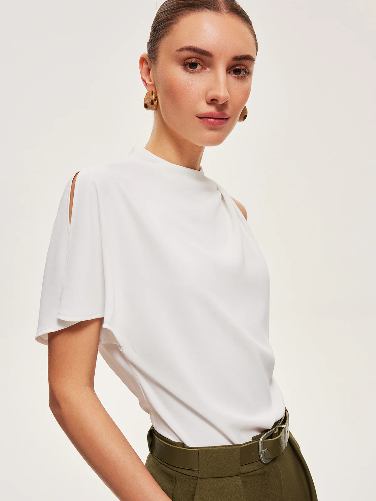 Asymmetric Draped Button-Shoulder Top - Takermore