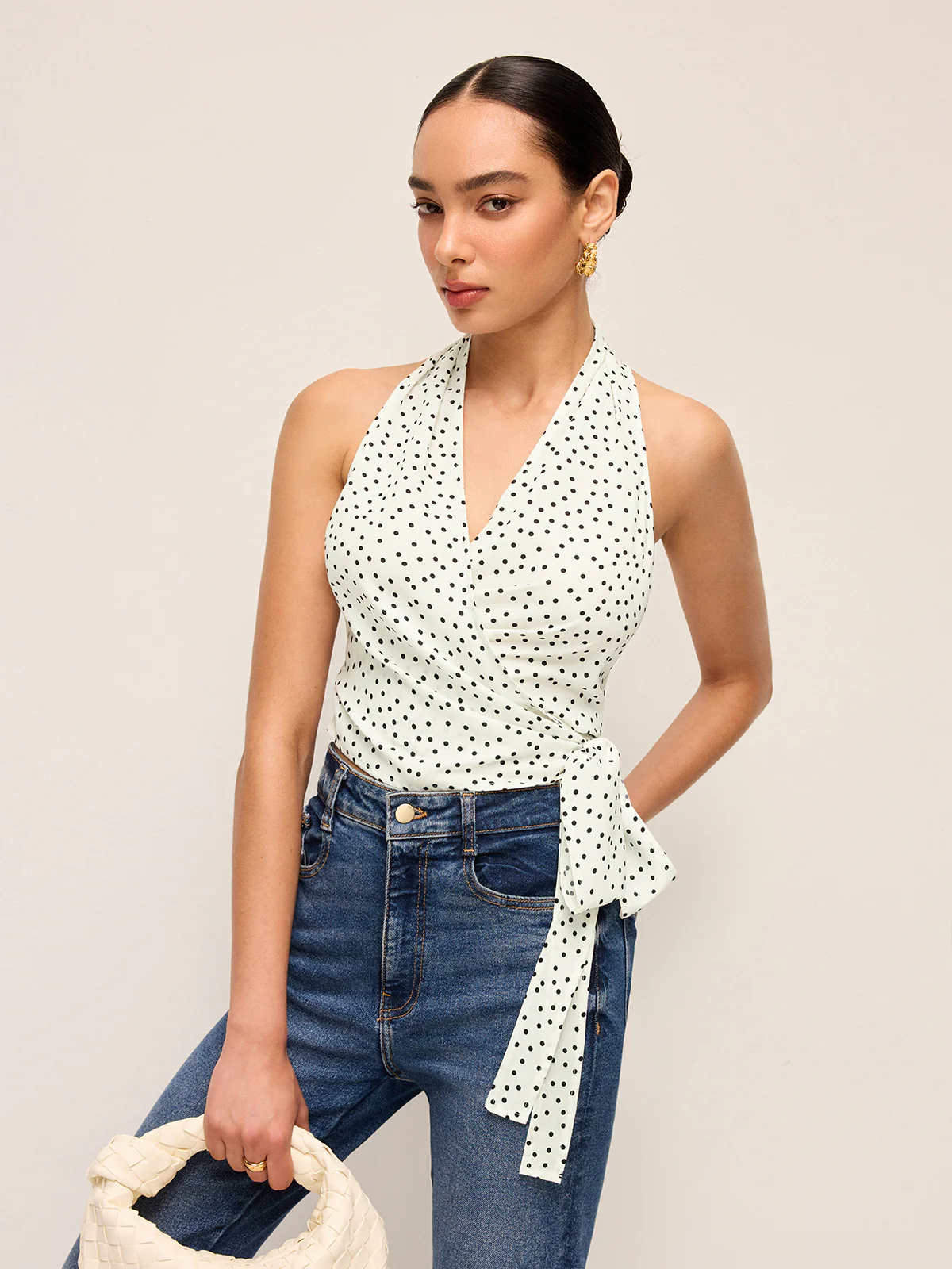 Semi-Sheer Polka Dot Wrap Halter Top - Takermore