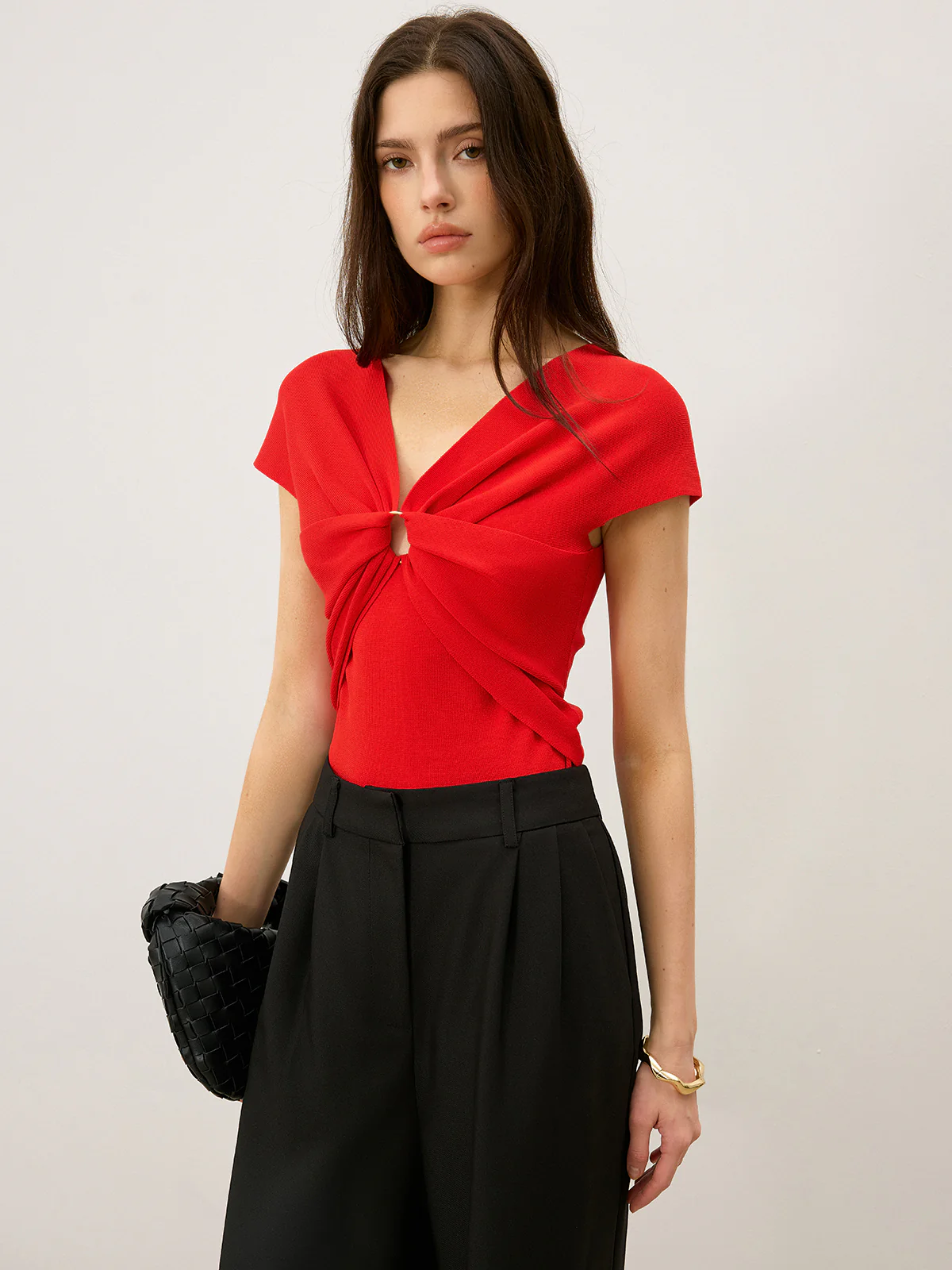 Twist Front Cut-Out V-Neck Knit Top - Takermore