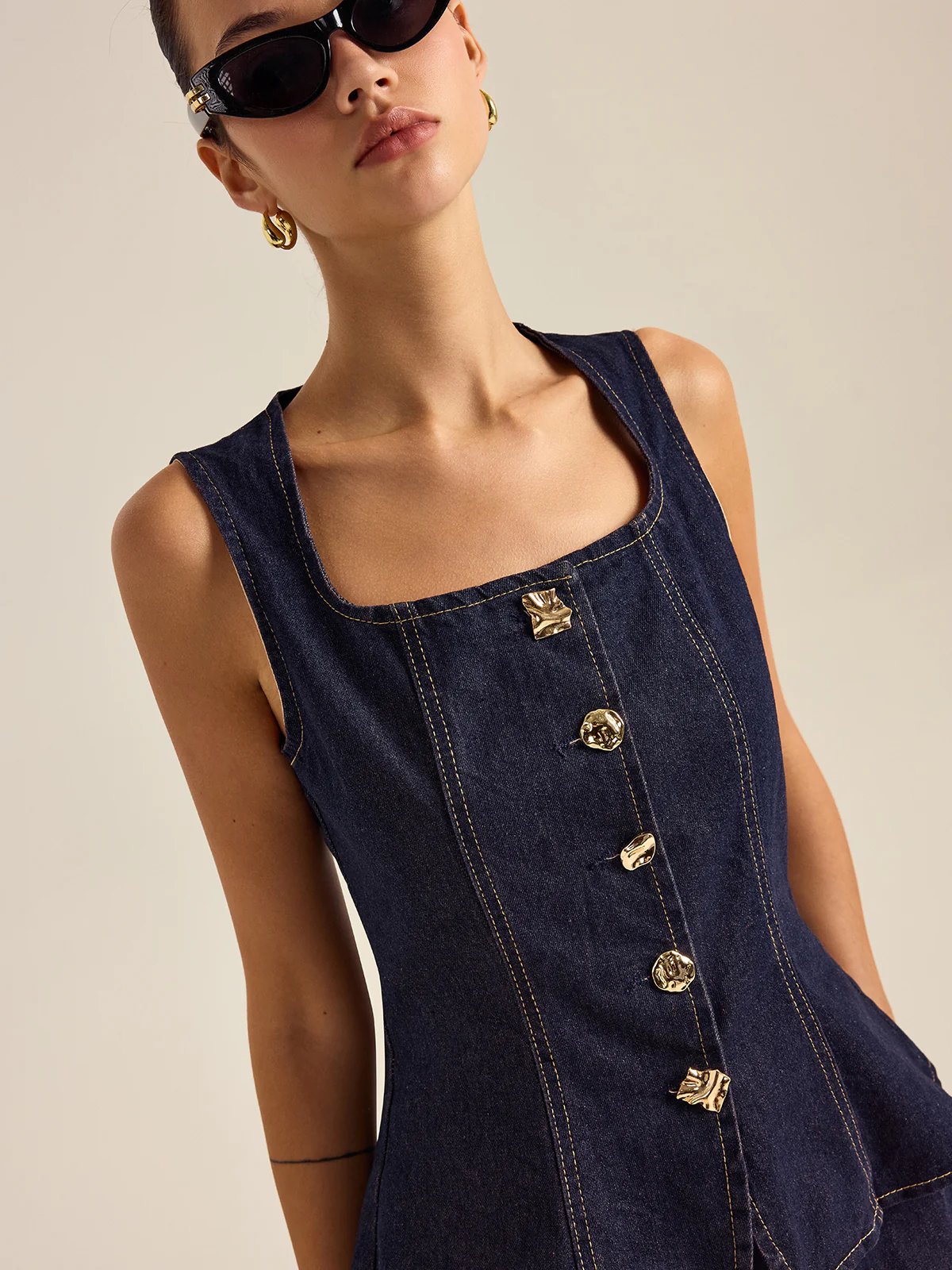 Denim Metal Button Peplum Top and Pants Set - Takermore