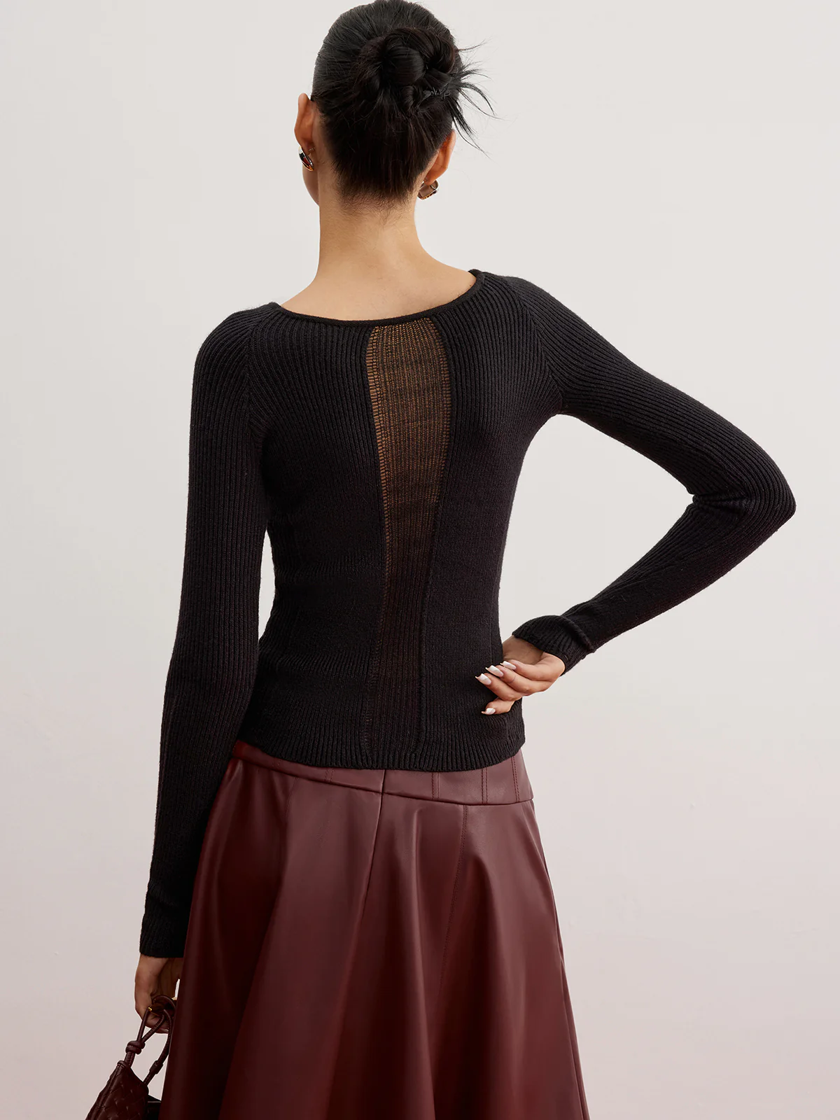 Sheer Panel Ribbed Slim Sweater - Takermore