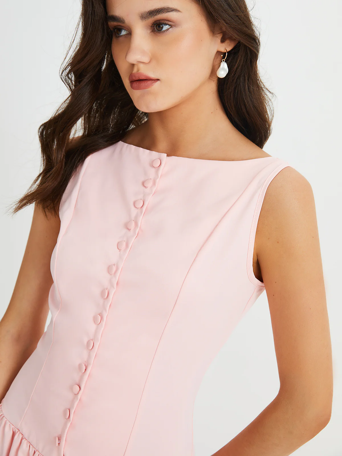 Multi-Button Sleeveless Pleated Midi Dress - Takermore