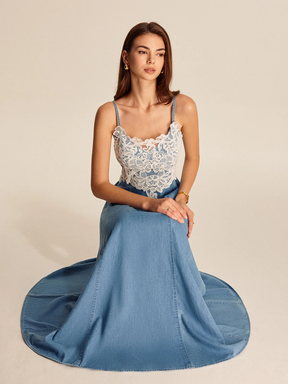 Lace Panel Denim Cami Dress - Takermore