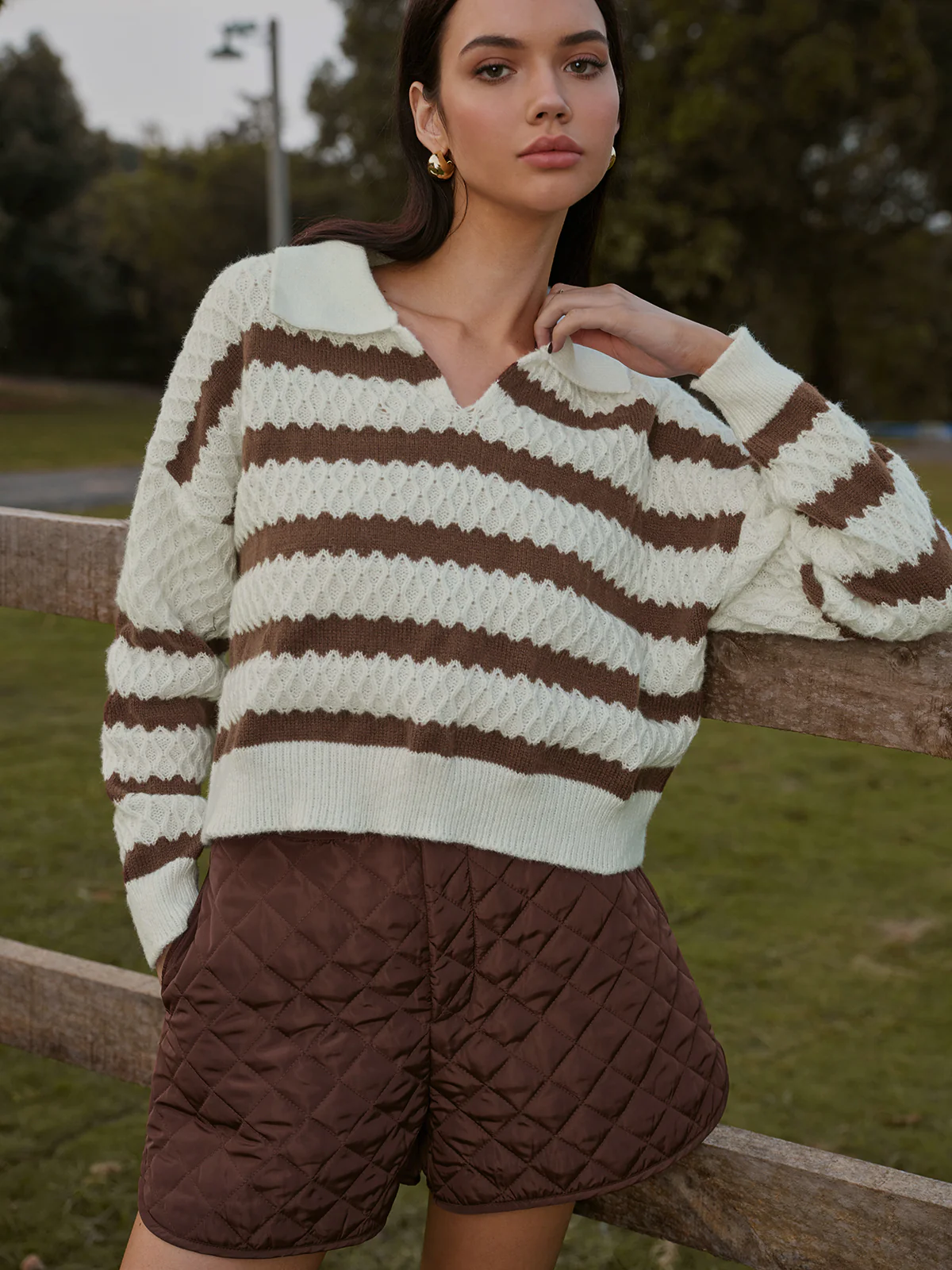 Two-Tone Striped Lapel Short Sweater - Takermore
