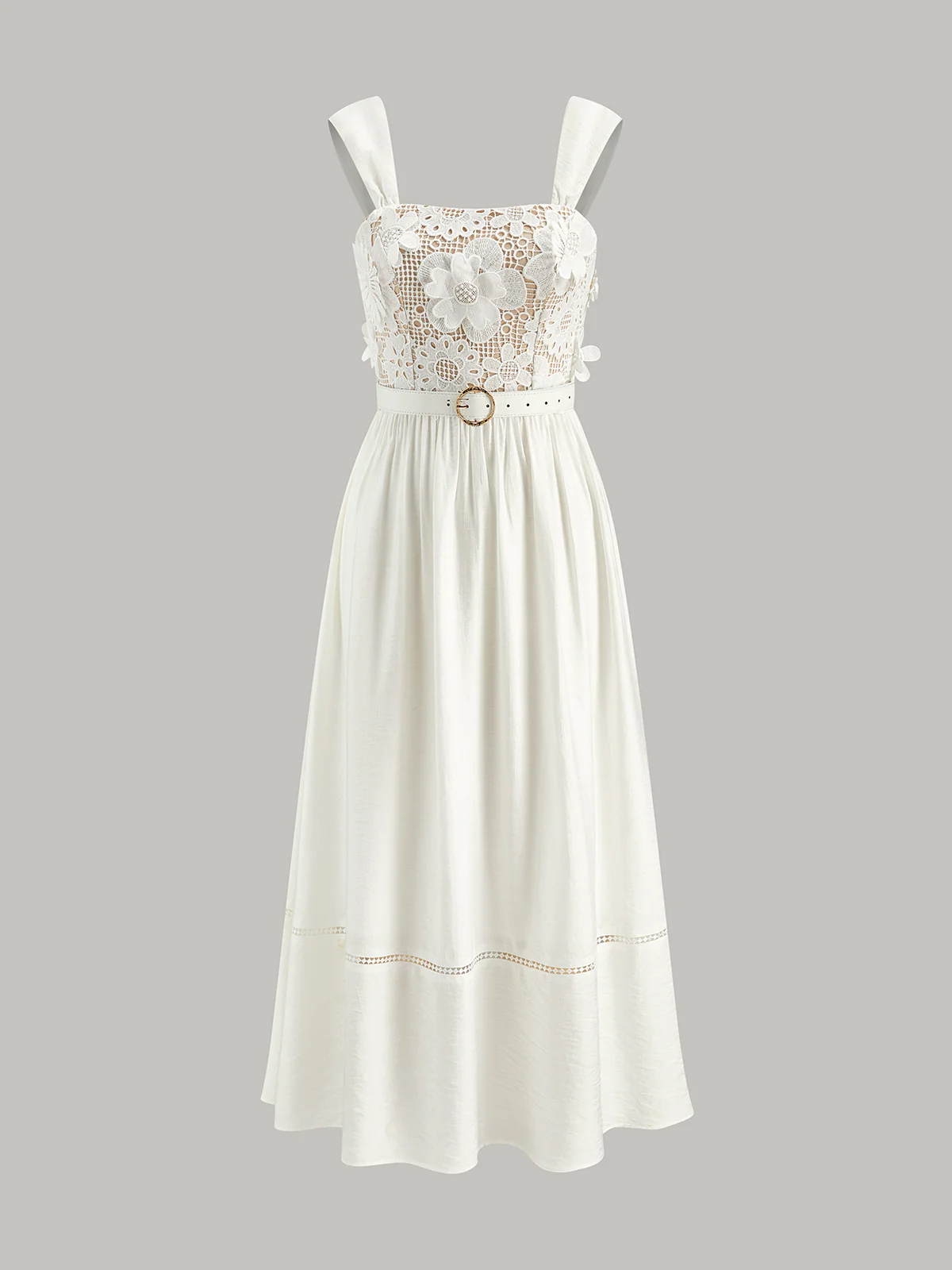 Cotton Floral Lace Belted Dress - Takermore