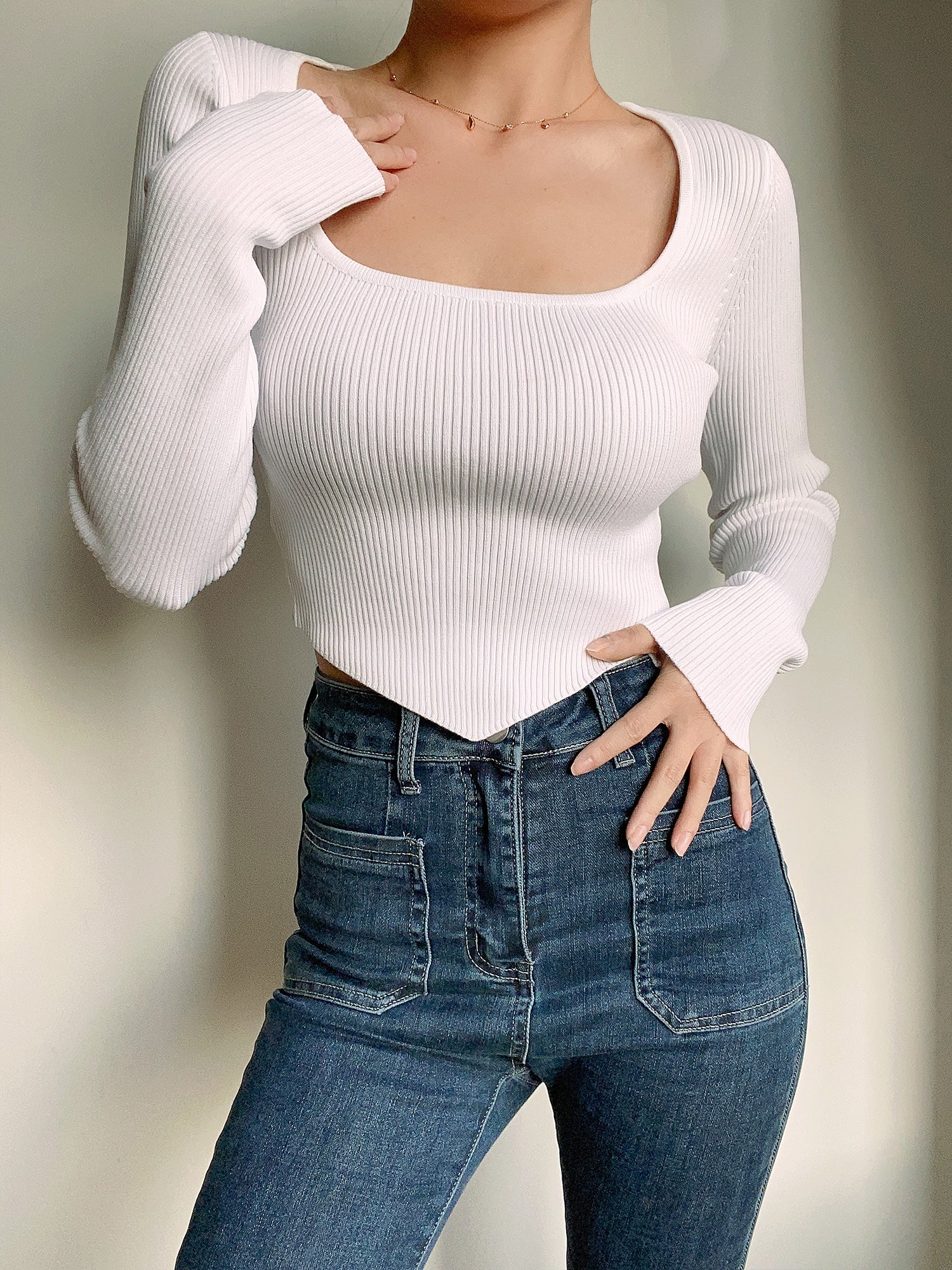 Solid Square Neck Ribbed Crop Shirt - Takermore