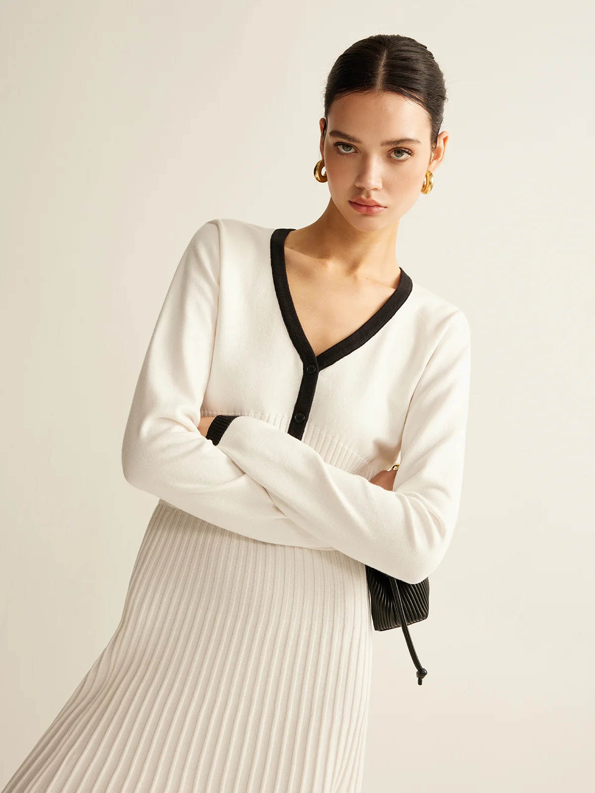 Contrast Trim Pleated Knit Skirt Set - Takermore