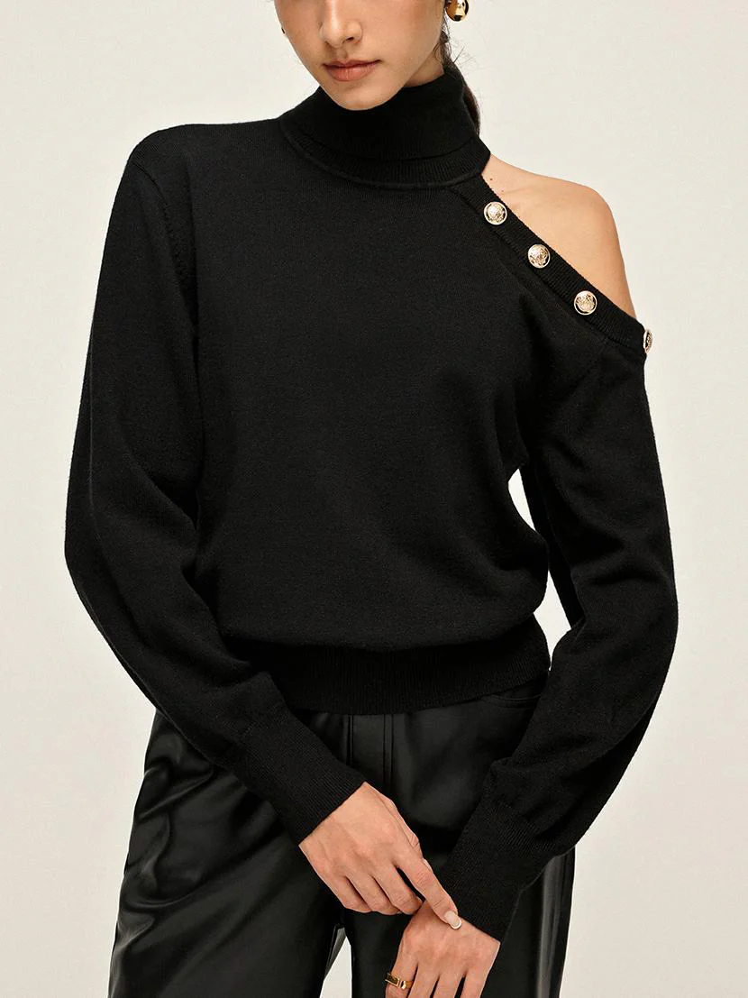 Turtleneck Asymmetrical One Shoulder Sweater - Takermore
