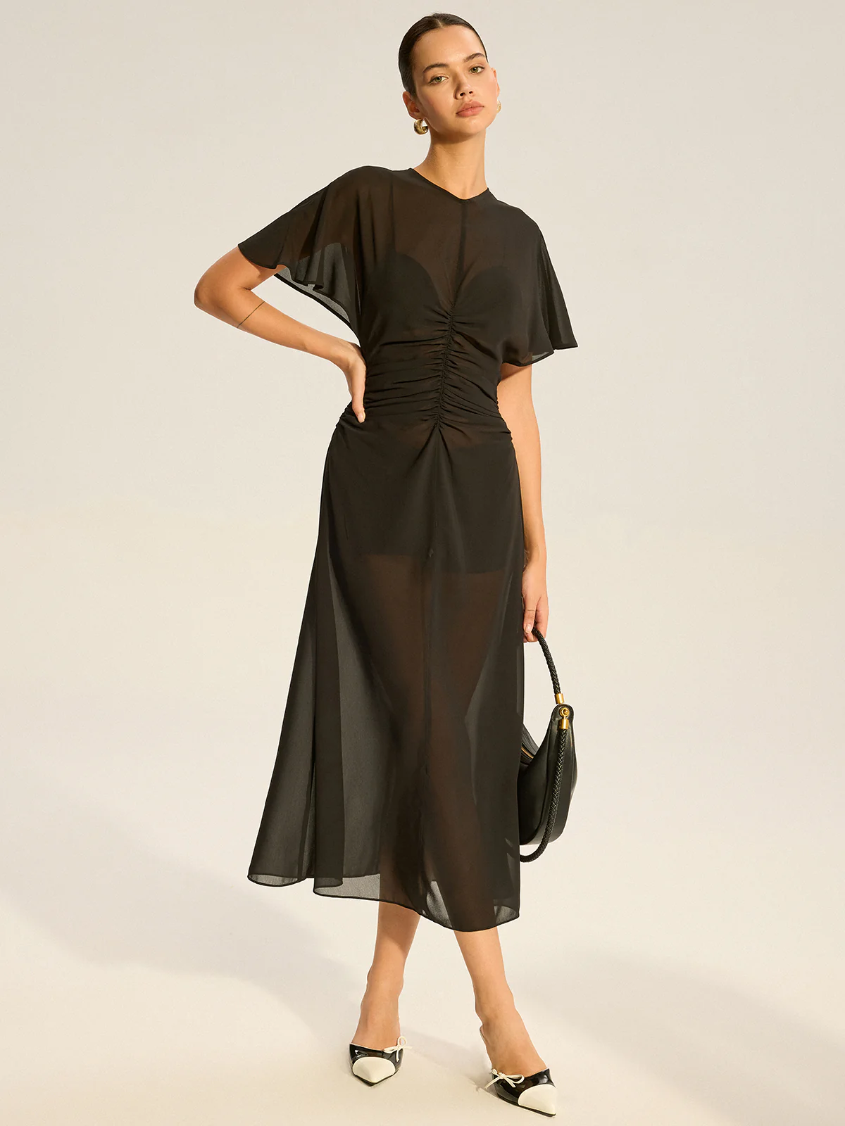 Sheer Chiffon Midi Dress with Lining Slip Two-Piece Set - Takermore