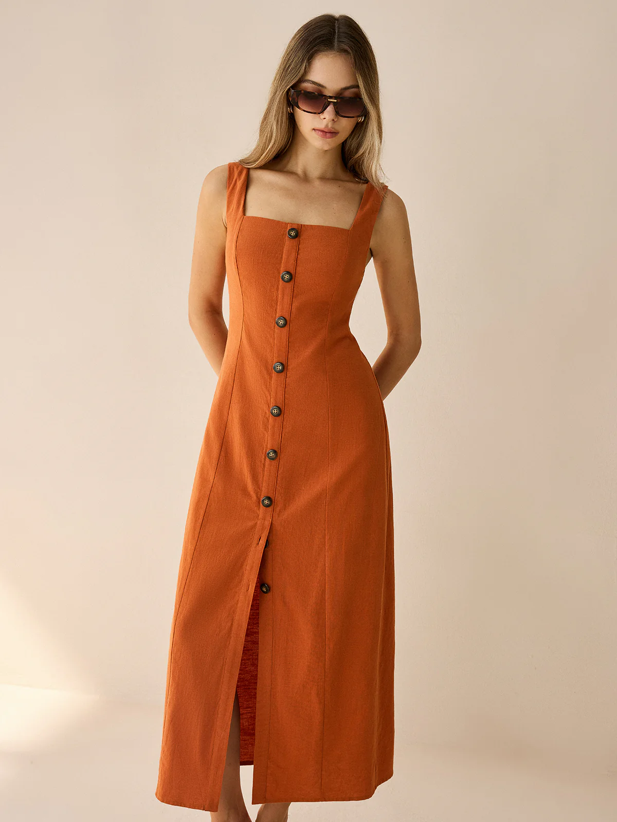 Square-Neck Button-Front Maxi Dress with Slit - Takermore