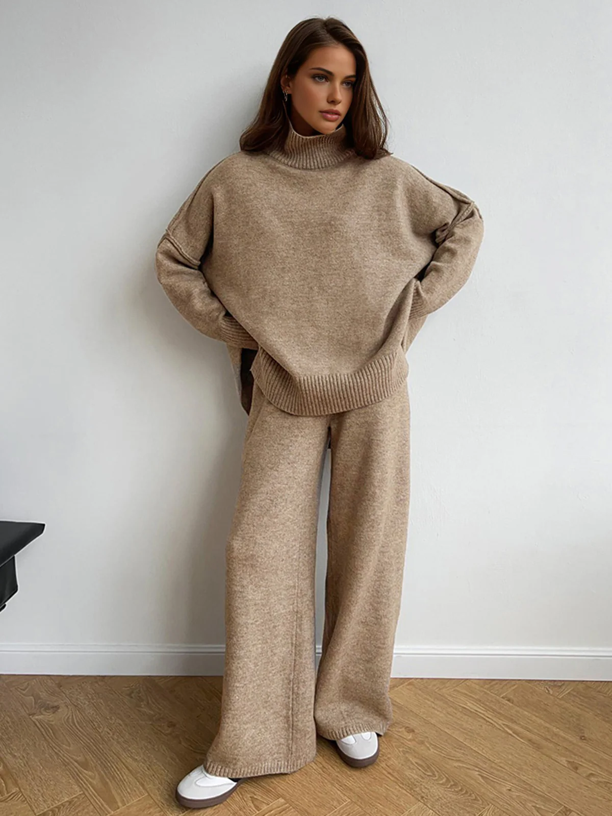 Plain Turtleneck Knit Pants Set - Takermore
