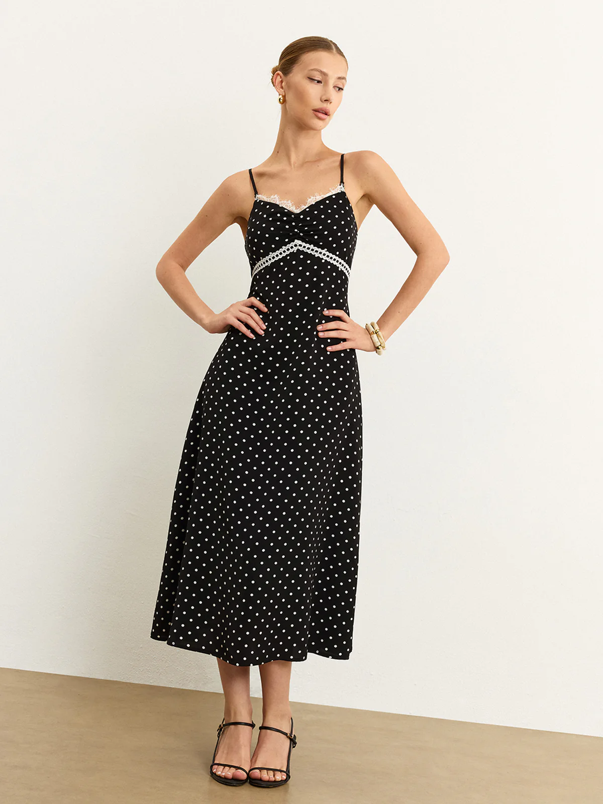 Polka Dot Lace Trim Midi Dress - Takermore
