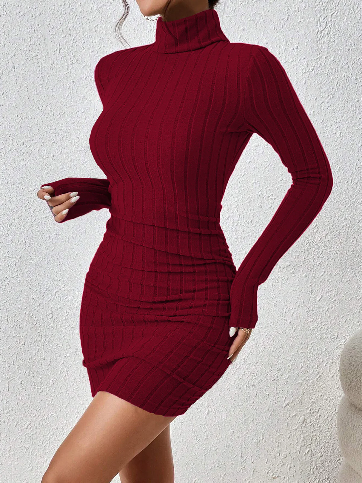 Mock Neck Hip-Covering Ribbed Dress - Takermore